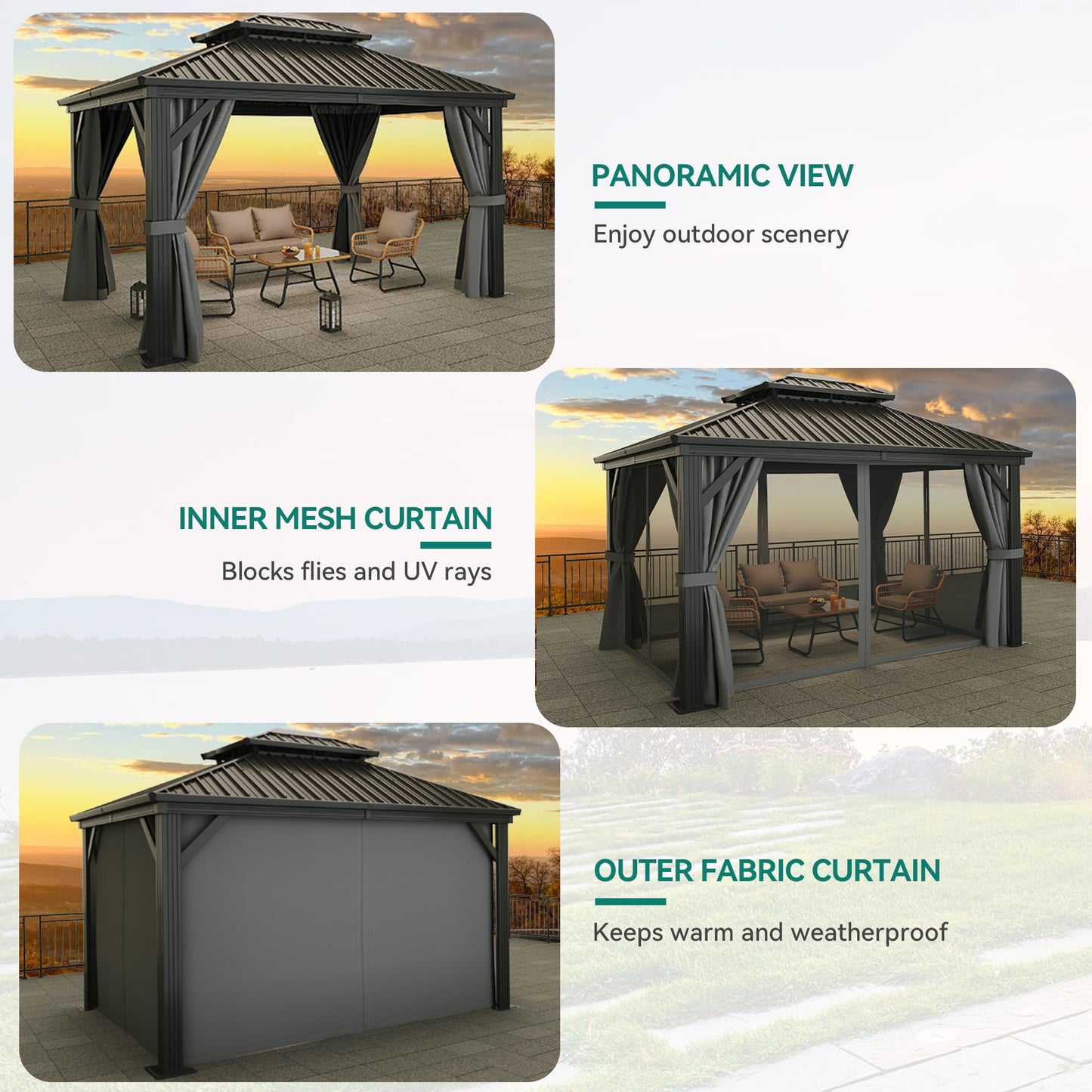 YITAHOME 10X12FT Hard Top Metal Gazebo Patios Double Roof Canopy Aluminum Frame Garden Gazebo Tent Curtains Netting for Patios Backyards Decks Lawns Gray