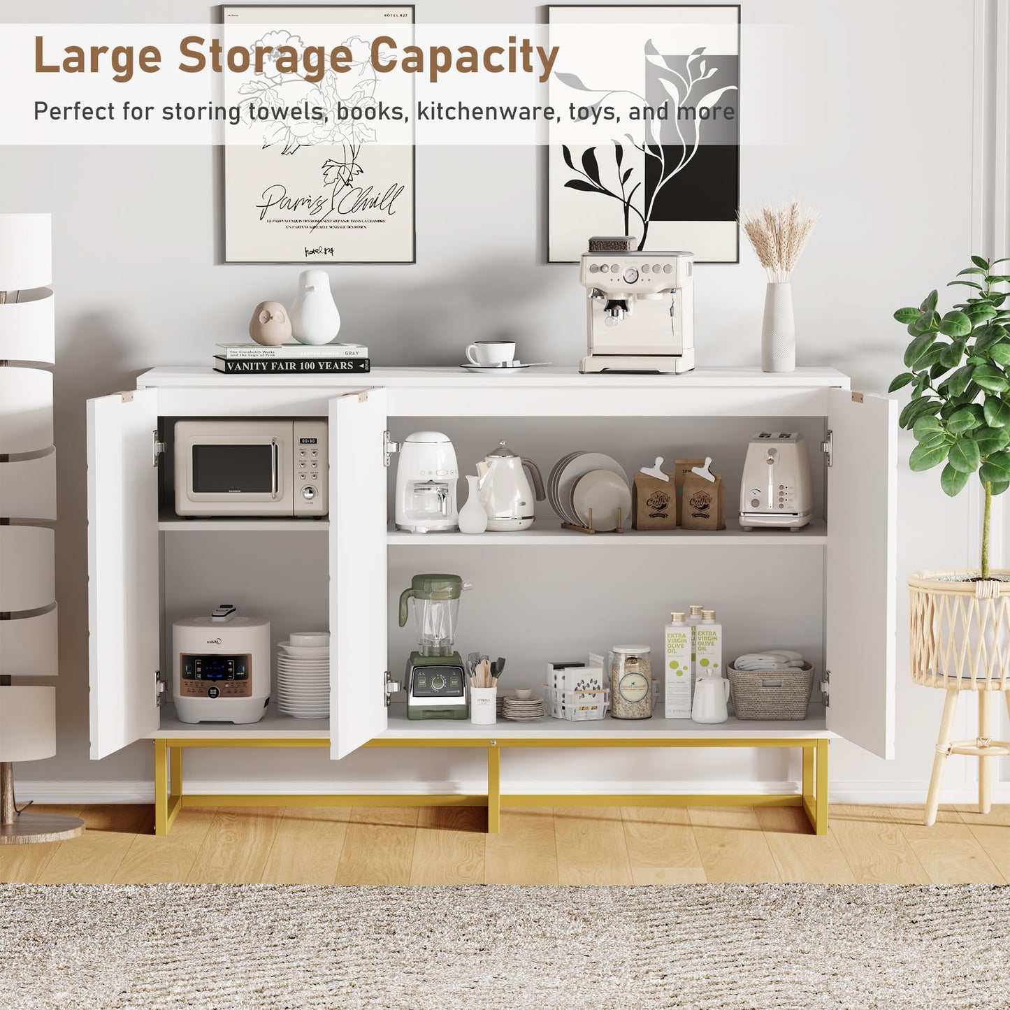 Garvee 47 in Modern Sideboard Buffet Cabinet with Storage, Wood Accent Storage Cabinet with Herringbone Doors & Shelf, Credenza Console Table for Dining Room Living Room Entryway, White