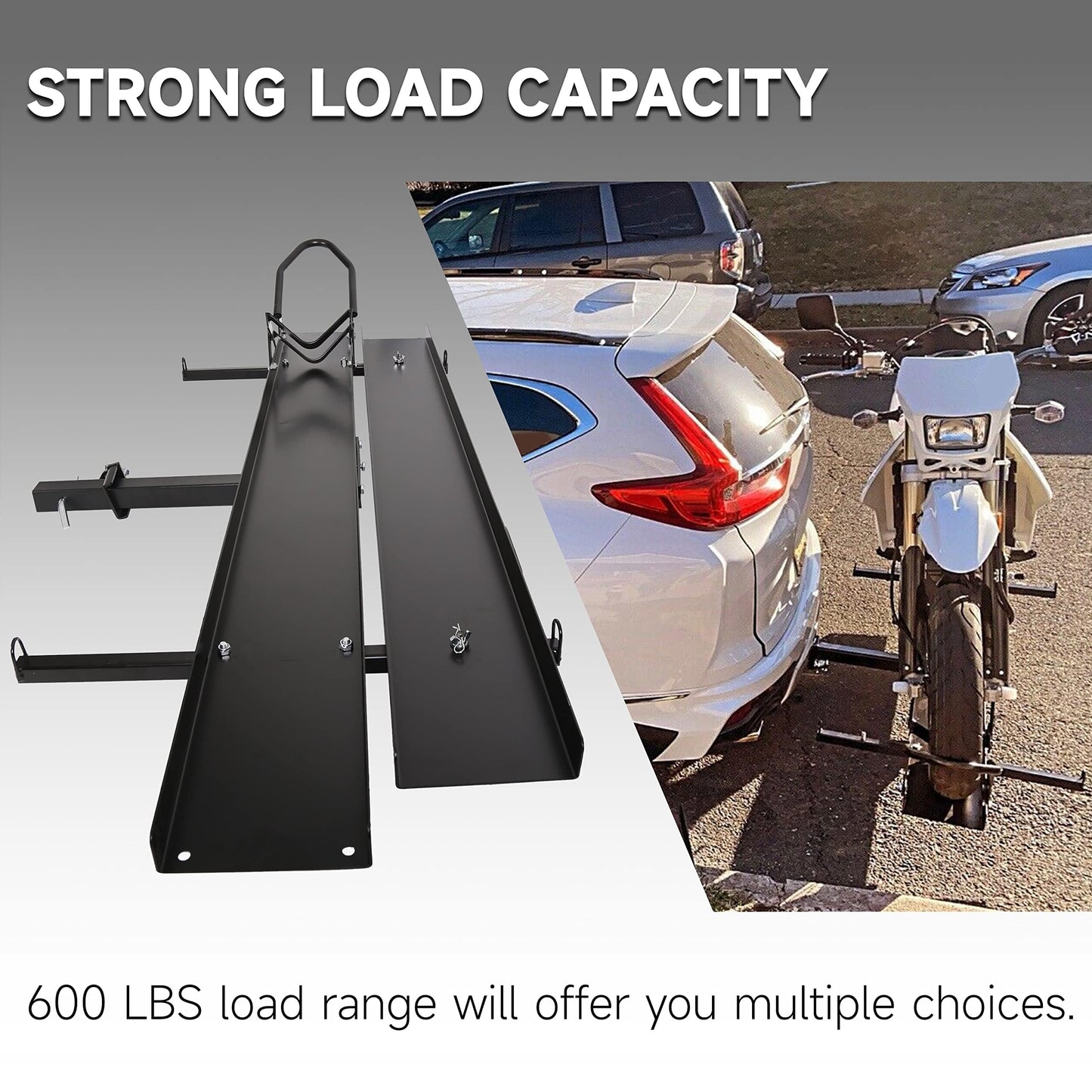 ECOTRIC 600LBS Black Motorcycle Carrier Mount Dirt Bike Rack Hitch Hauler |with Loading Ramp| Superior Heavy Duty (You Will Receive Two Packages for This Item)