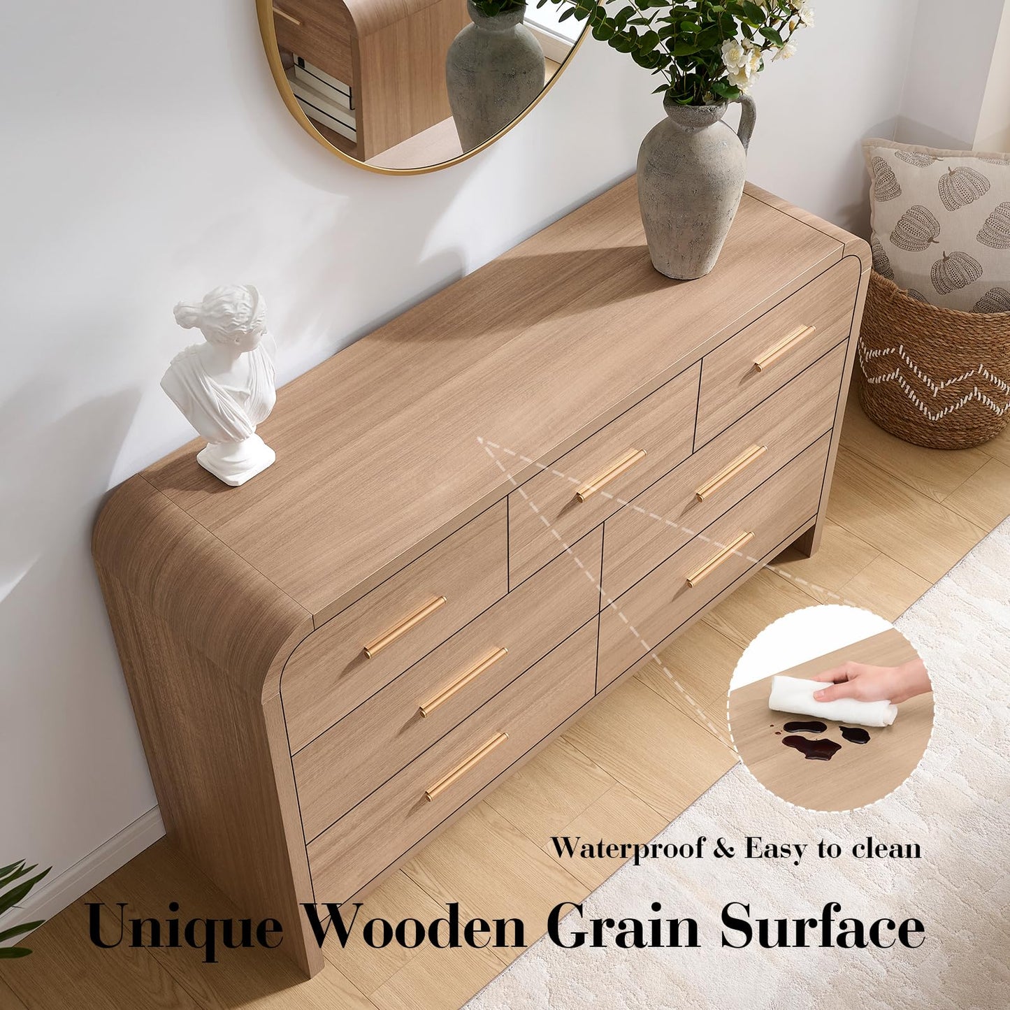 EliteSet Curved 7 Drawer Dresser for Bedroom, 53.82'' Wide Chest of Drawers, Modern Storage Cabinet for Hallway & Living Room TV Stand, FSC Certified 1.18" Thick Board, 100 lbs Top Weight, Oak