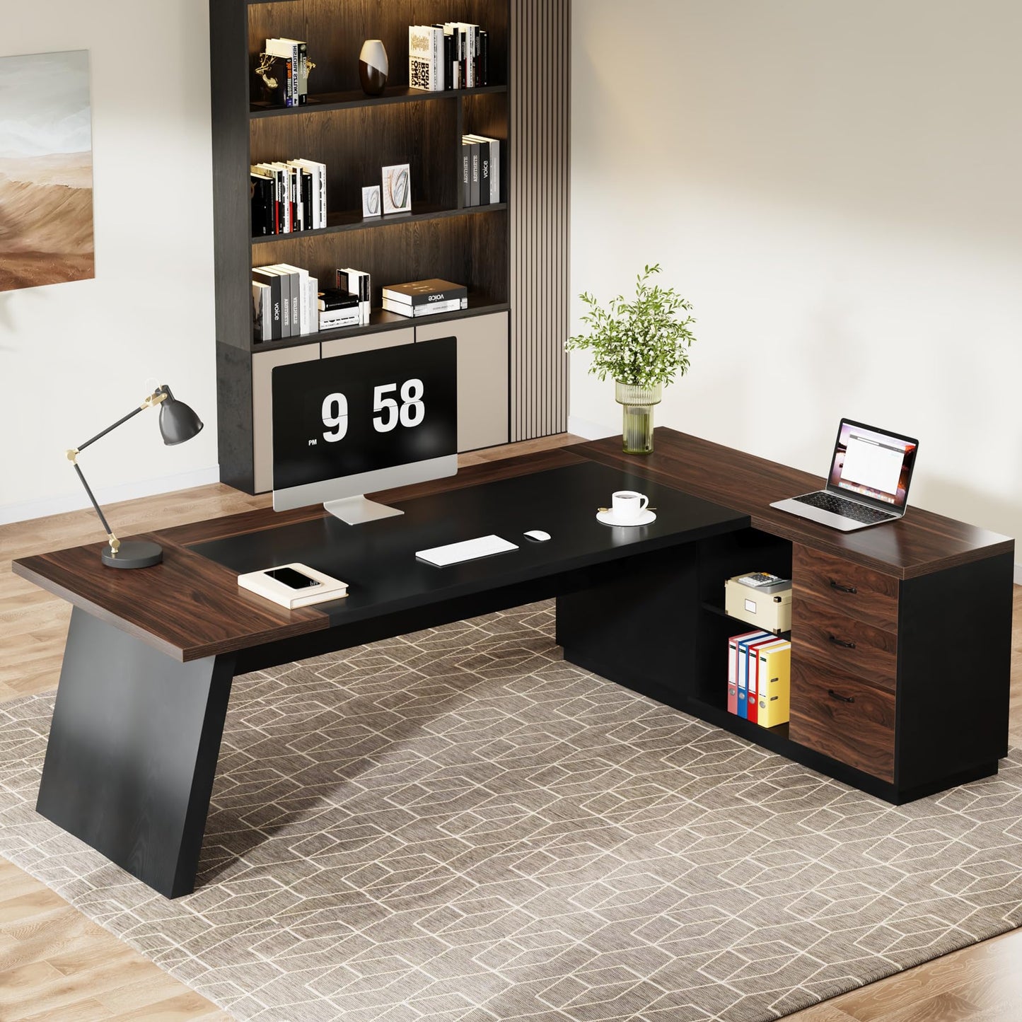 Tribesigns 78" L-Shaped Executive Desk, Large Office Desk with Drawers and File Cabinet, Modern Business Furniture for Home Office (Walnut & Black)