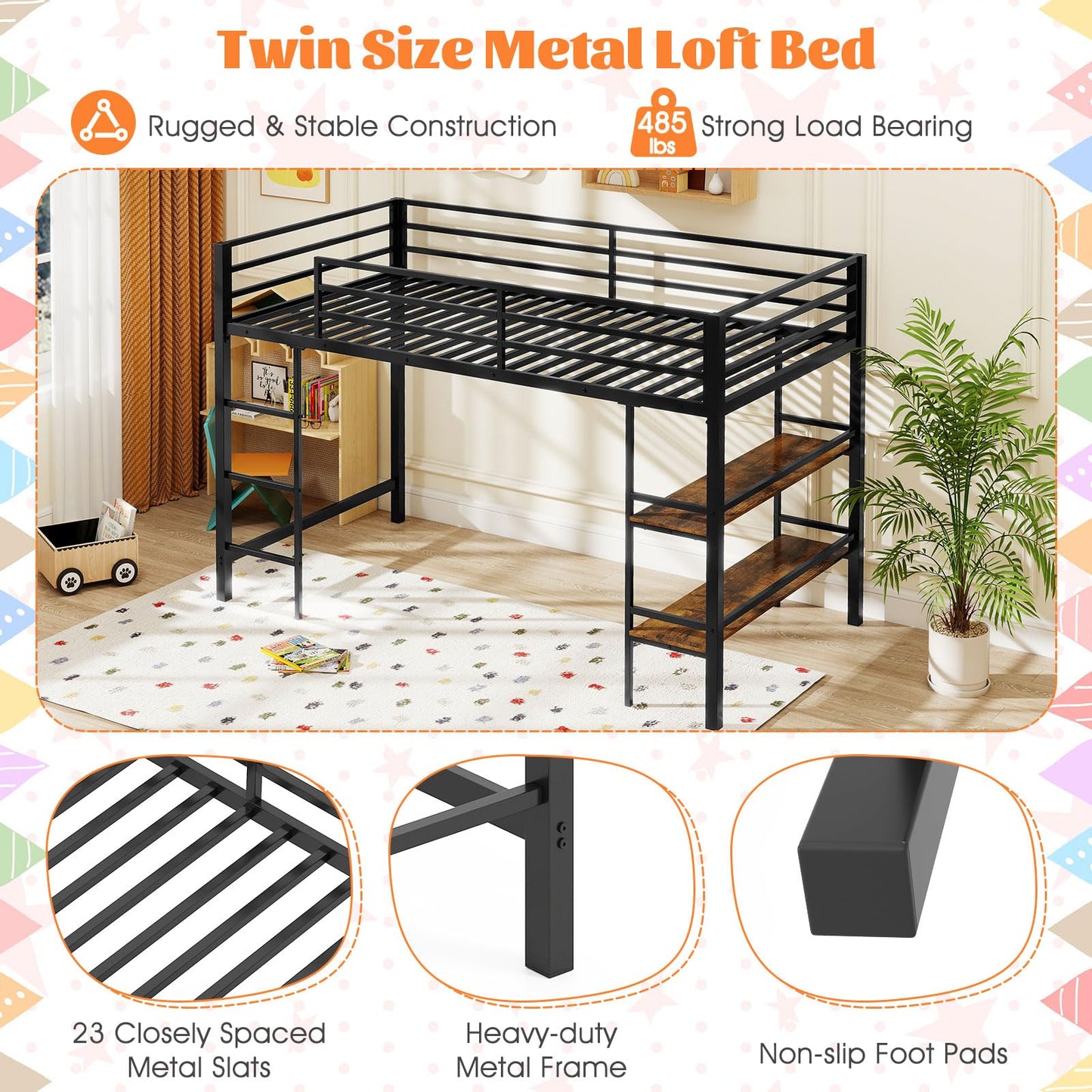 Giantex Low Loft Bed Twin Size, Heavy Duty Metal Frame w/Storage Shelves, Ladder & Full-Length Guardrails, Ample Under-Bed Space, Kids Loft Bed with Stairs for Boys Girls Junior, No Box Spring Needed