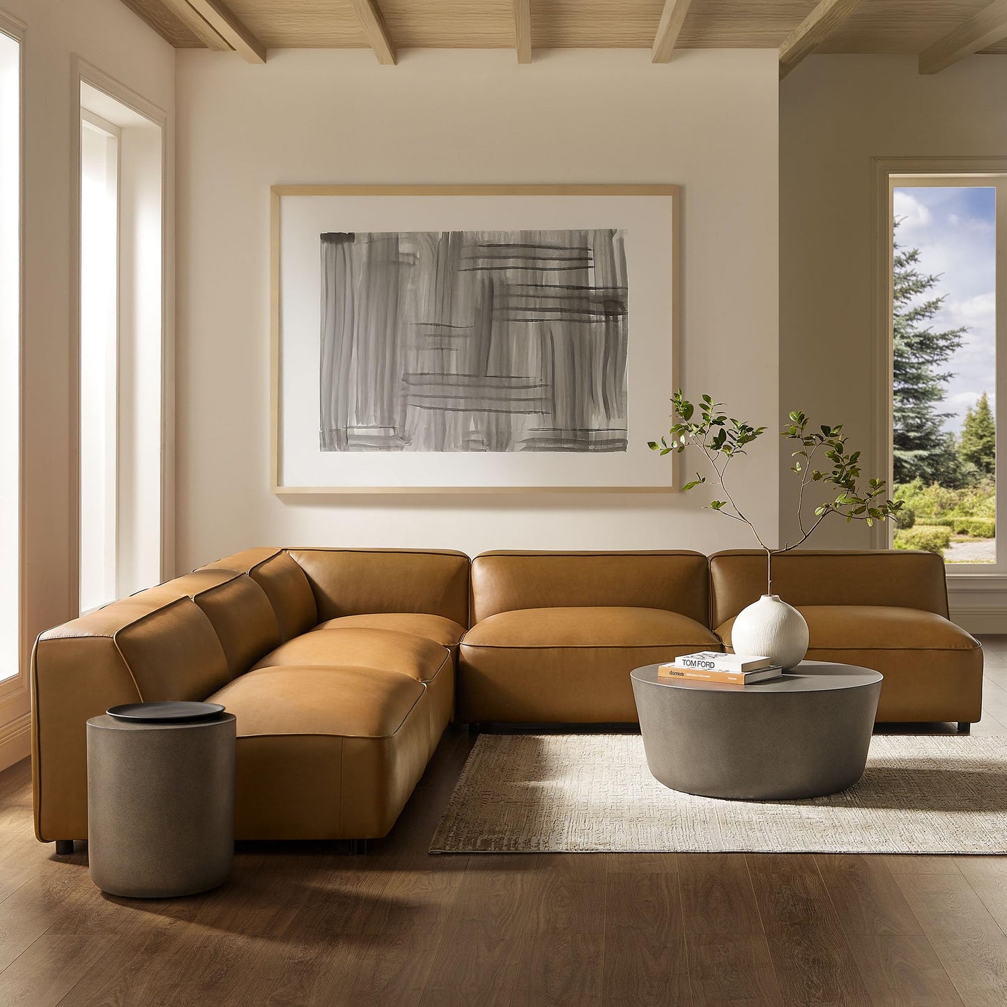 Modway Auren Vegan Leather 5 Piece Armless Modular Sofa in Camel - Faux Leather L Shaped Sectional - Comfy Modern PU Leather Sofa - Oversized Mid Century Modern Couch for Living Room