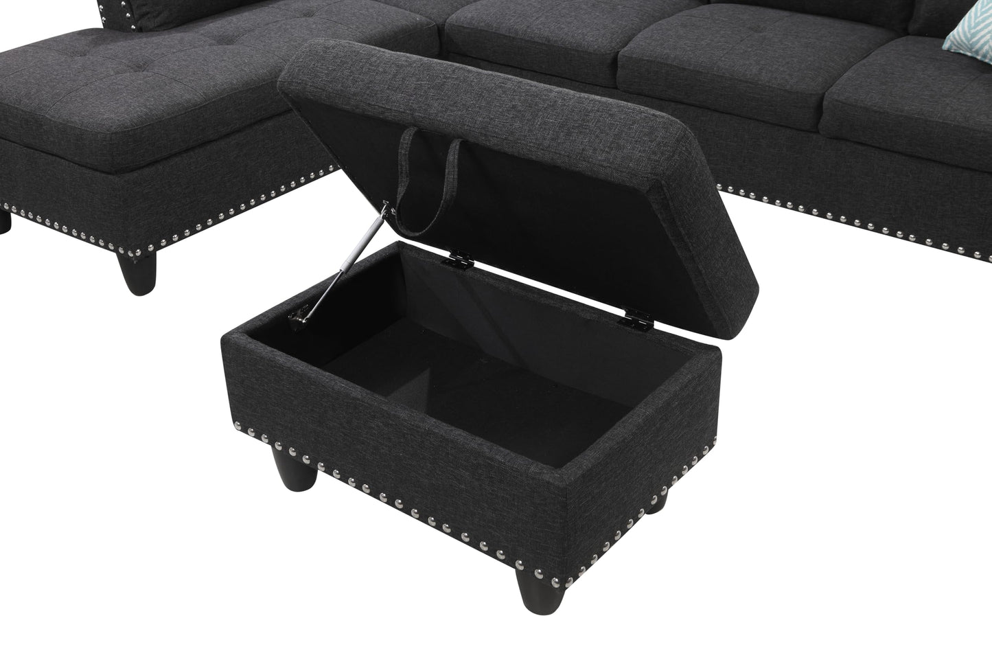 Favfurish 98" Left Hand Facing Sofa with Ottoman and Manufactured Wood Frame,L-Shaped Design Sectional Chaise W/Rounded Arms & Nailhead Trim,for Living Room,Office,Apartment,Charcoal Grey