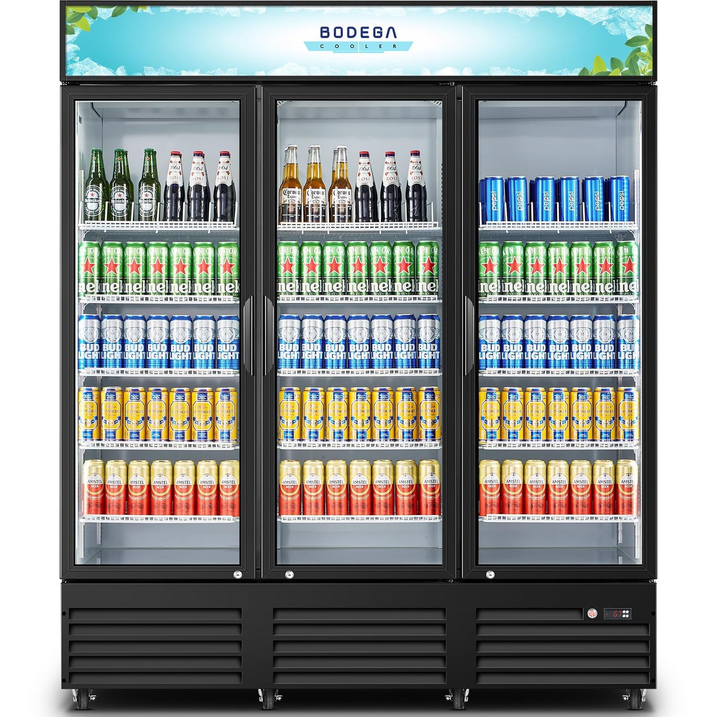 BODEGACOOLER 67.3“W 53 Cu. Ft Commercial Beverage Refrigerator,3 Glass Door Merchandiser Cooler, Display Refrigerator with LED Lighting, Adjustable Shelves, Temperature Control, Heavy-Duty Casters