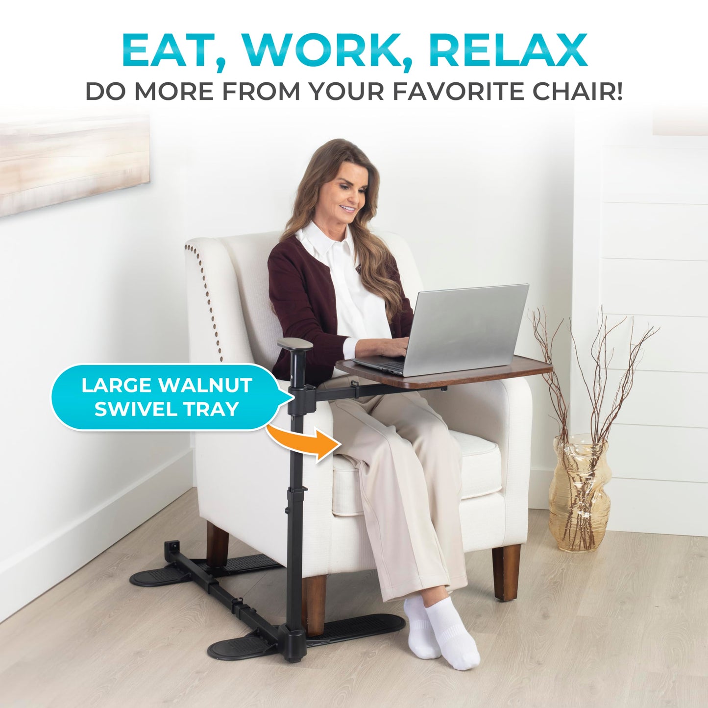 Stander Wonder Tray Plus, Adjustable Recliner Swivel TV Tray with Standing Handle for Seniors & Elderly Adults, Walnut Laptop Desk for Couches & Chairs, Mobility Aid Sit and Stand Assist