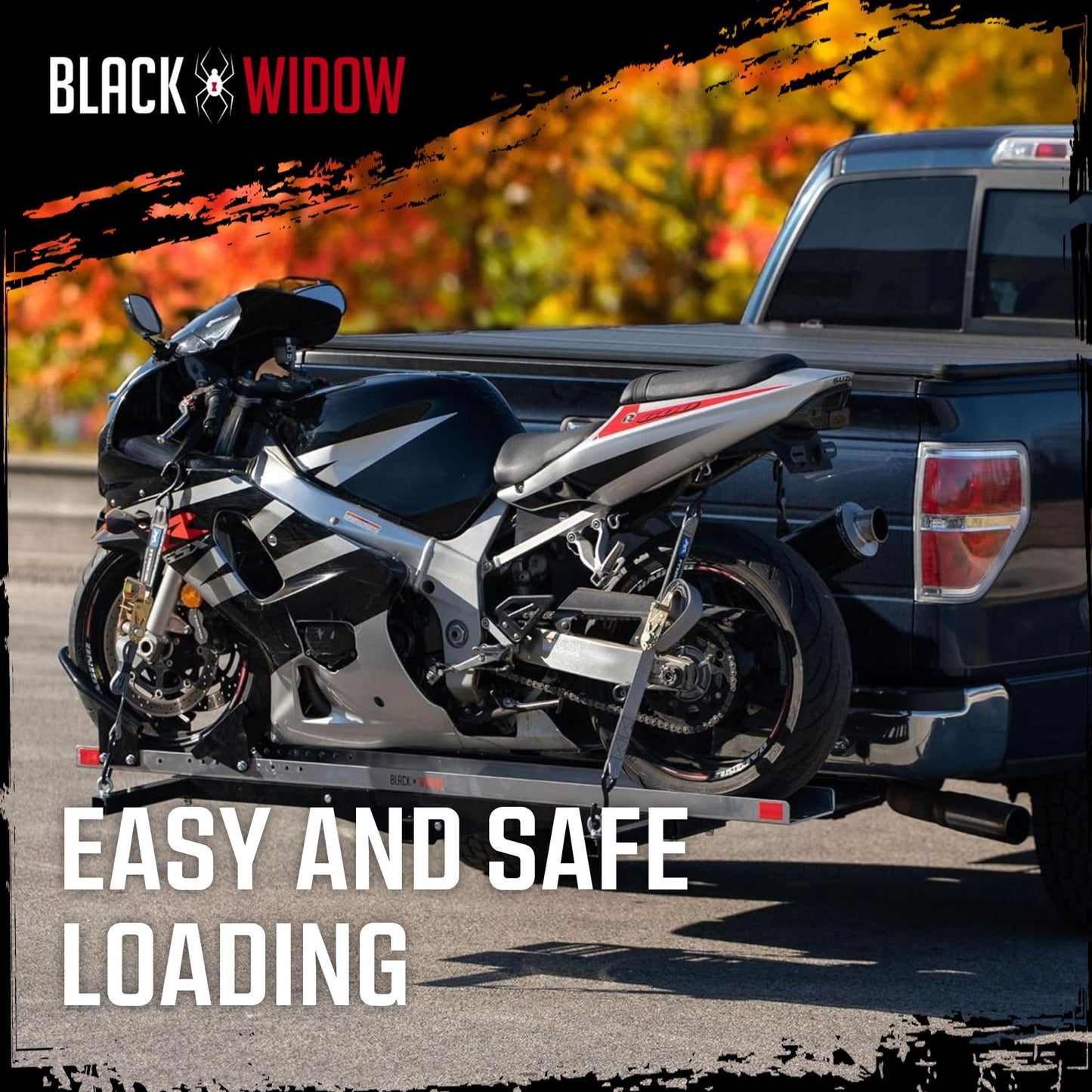 Black Widow Hitch Mounted Motorcycle Carrier with Ramp, Heavy Duty Steel Frame & Aluminum Track, 600 Pound Capacity, 72 Inch Ramp, Black