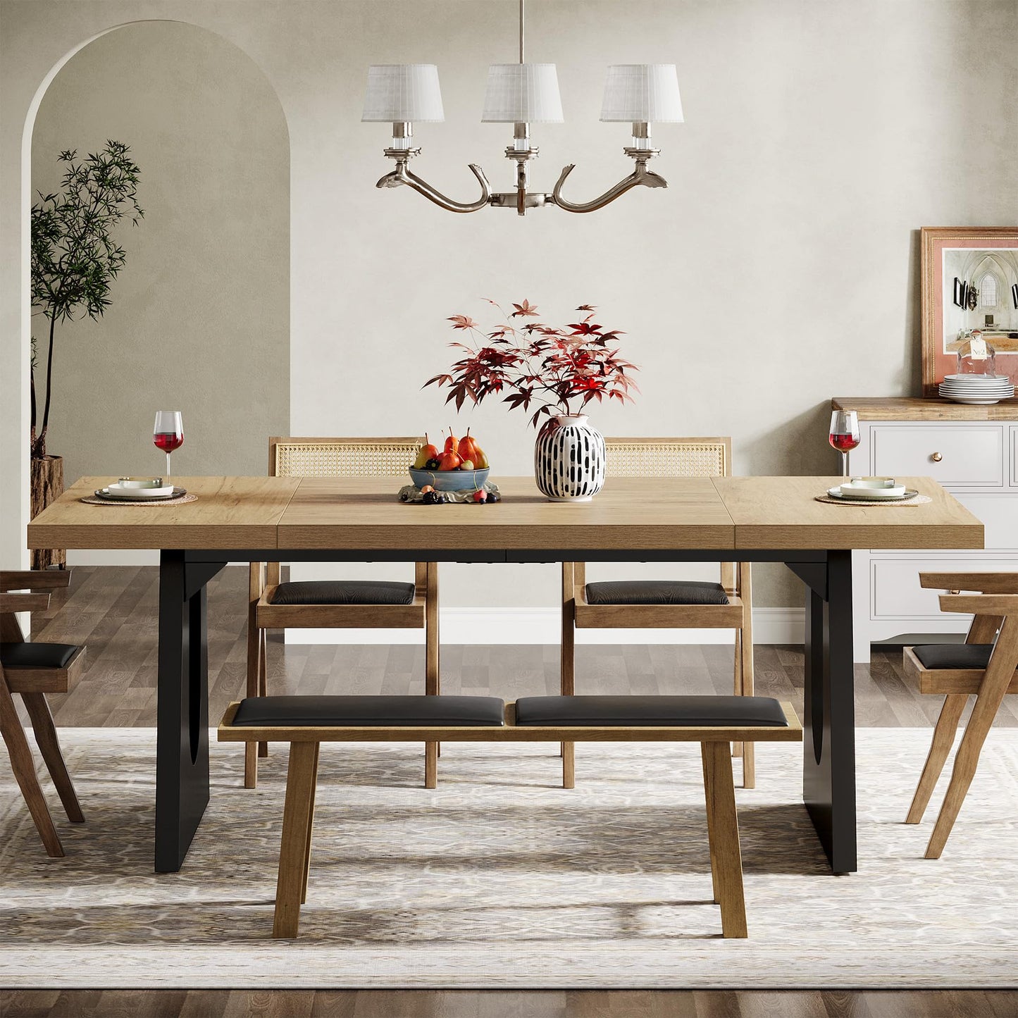 Tribesigns Large Dining Table for 6-8 People, 70.9-Inch Wood Rustic Rectangular Table with Black Wooden Legs, Farmhouse Center Kitchen Table for Dining Room, Living Room, Home Furniture, Oak and Black