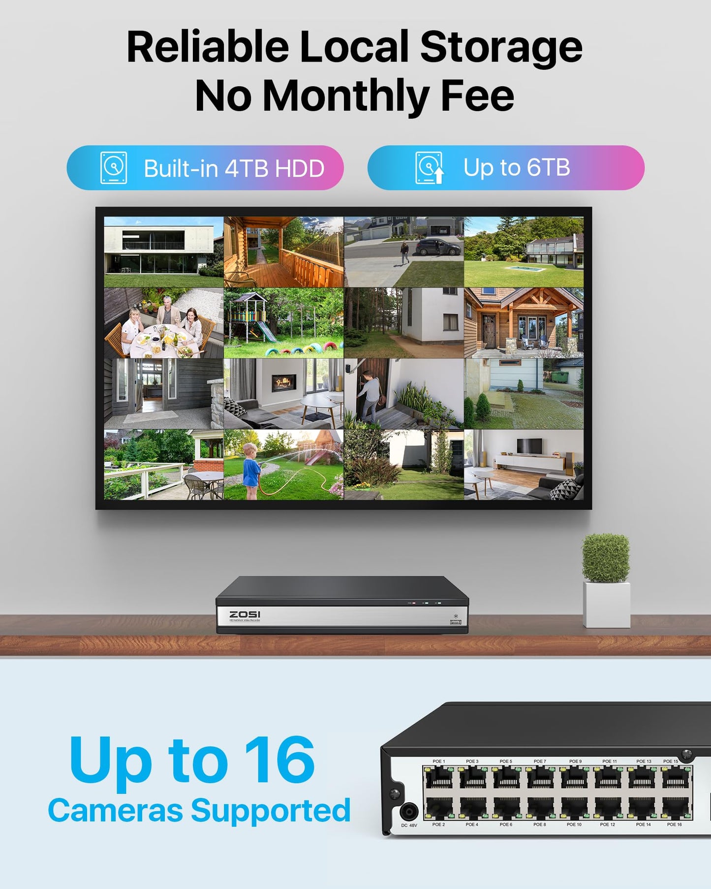 ZOSI 16CH 4K PoE Security Camera System,16pcs 4MP Weatherproof PoE IP Cameras Outdoor Indoor,Smart Human Vehicle Detection,100ft Night Vision,16 Channel 8MP/4K NVR with 4TB HDD for 24/7 Recording