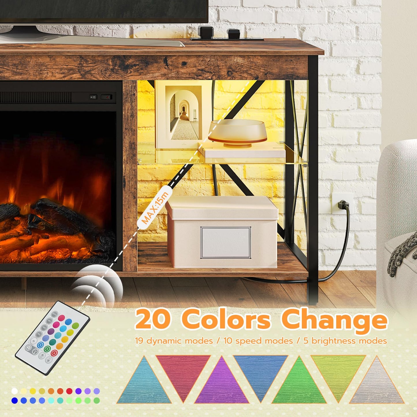 HOOBRO Fireplace TV Stand with Charging Station and LED Lights, TV Stand with Fireplace for TVs up to 55", Entertainment Center with Fireplace, Glass Shelves, Rustic Brown and Black BF120UDDS01