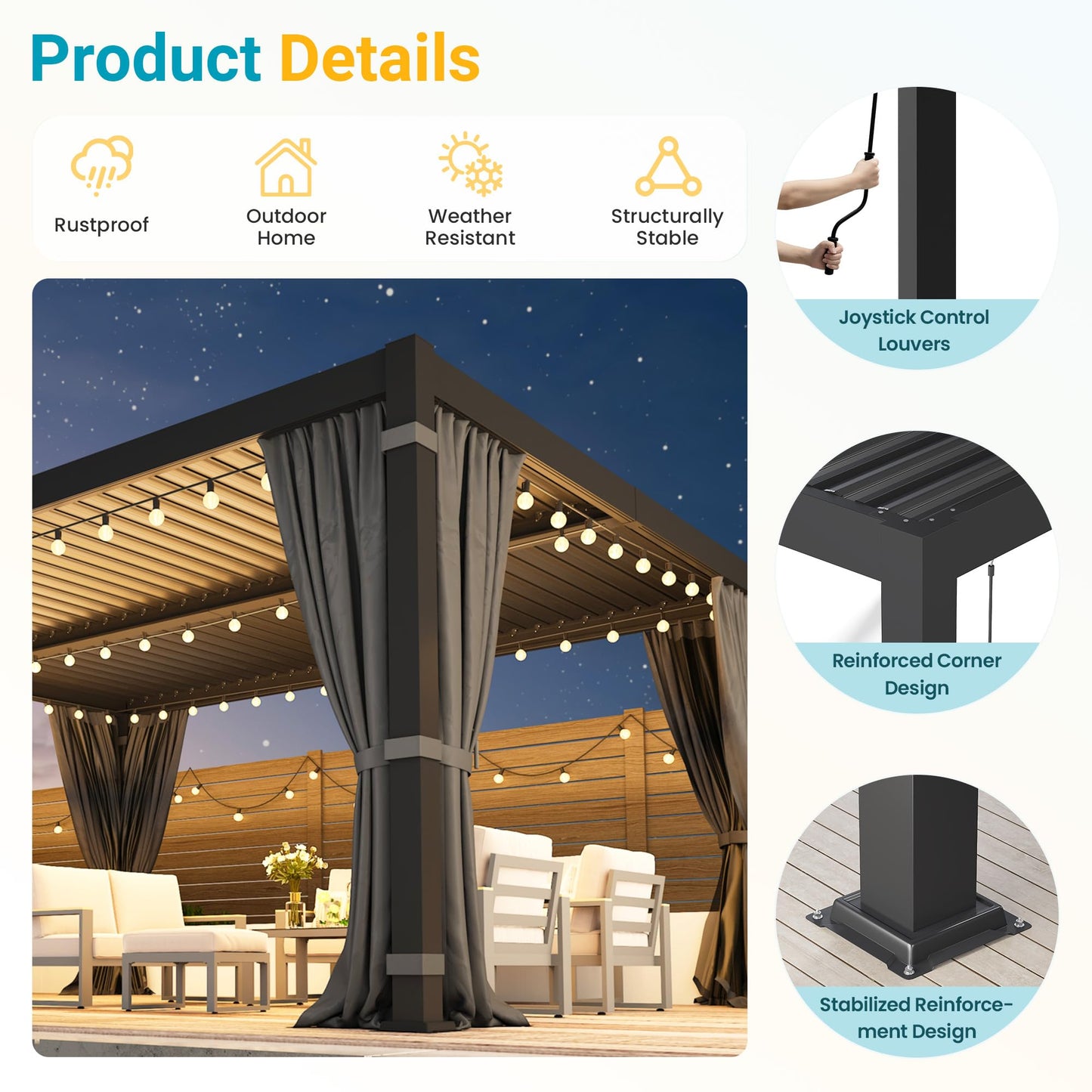 12' x 16' Louvered Pergola, Outdoor Pergola with Curtains & Netting, Metal Patio Pergola with Adjustable Louvers Roof and Gutter System, Metal Hardtop Gazebo for Patio, Deck, Garden, Yard, Dark Gray