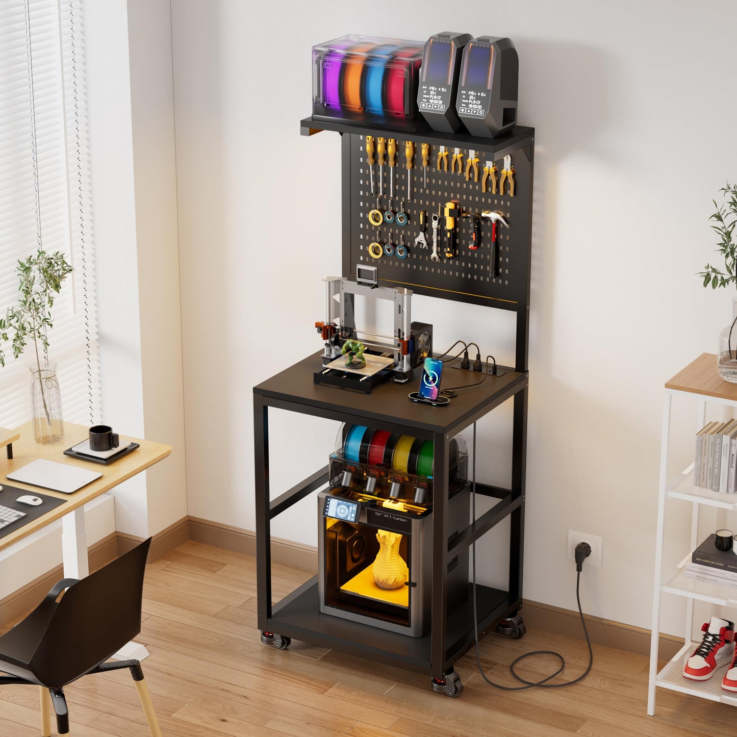 3D Printer Stand with Filament Storage Workbench,3D Printer Table with Charging Station & LED Lights,Heavy Duty Rolling Printer Desk with Pegboard for Workshop,Office,Garage