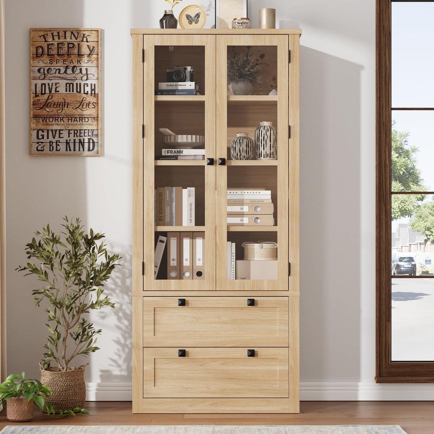 71" Tall Kitchen Pantry Cabinet - Modern Display Storage Cabinet with 2 Large Drawers, Glass Doors, and Adjustable Shelves, Farmhouse Kitchen Cupboard for Dining Room, Bathroom, Living Room, Natural