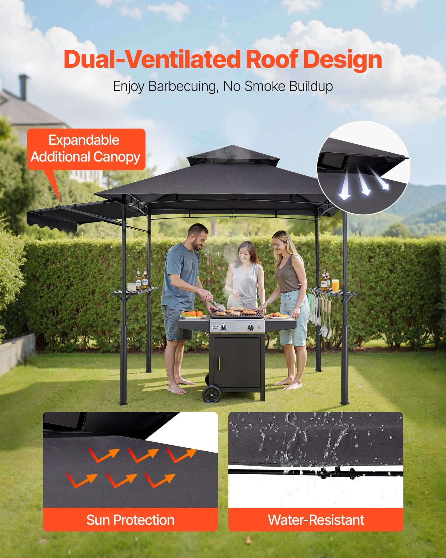 VEVOR Grill Gazebo, 8x5 ft BBQ Gazebo with Extra Awning, Double-Tiered Outdoor Grill Shelter, Thickened Support Legs, Powder-Coated Steel Grilling Canopy with Side Shelves, Bottle Opener & Hooks