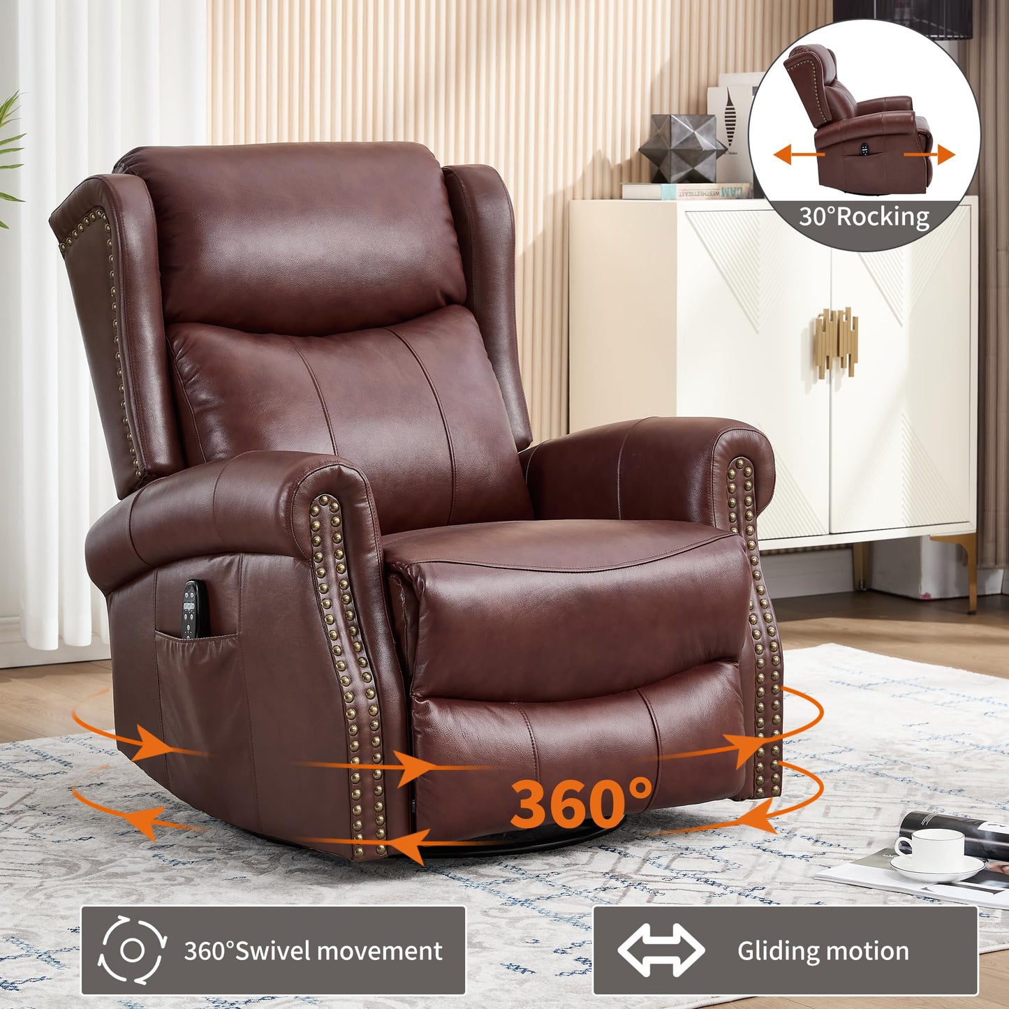 GDFStudio Heat Massage Manual Recliner Chair with Rocking and 360° Swivel Base, Genuine Leather Recliner Chair with Lumbar Heat, 8-Point Vibration Massage, 155° Reclining Living Room Chair, Wine Red
