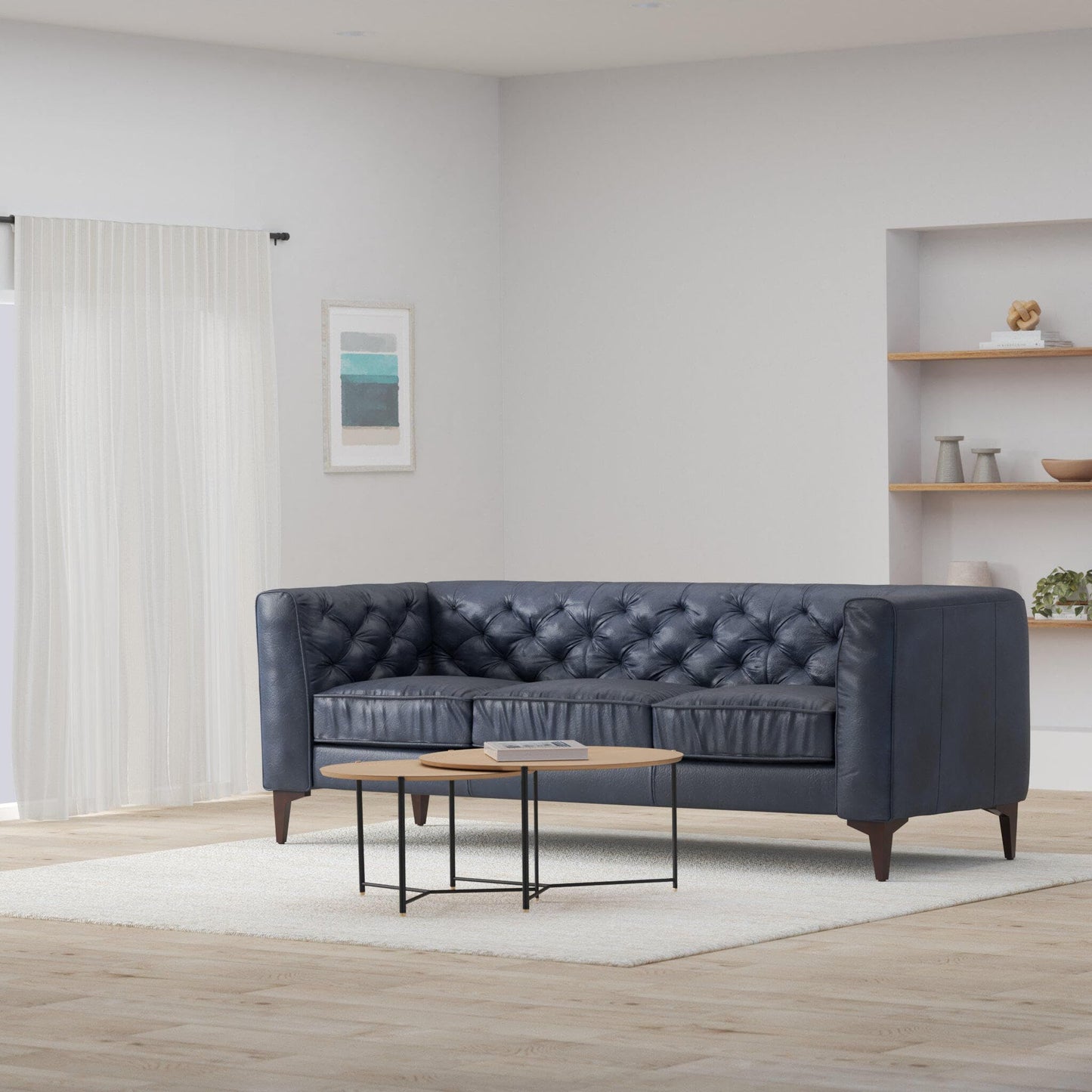 POLY & BARK Essex 89” Full-Grain Italian Leather Sofa – Tufted Back, Feather-Down Comfort, Solid Wood Frame, Midnight Blue