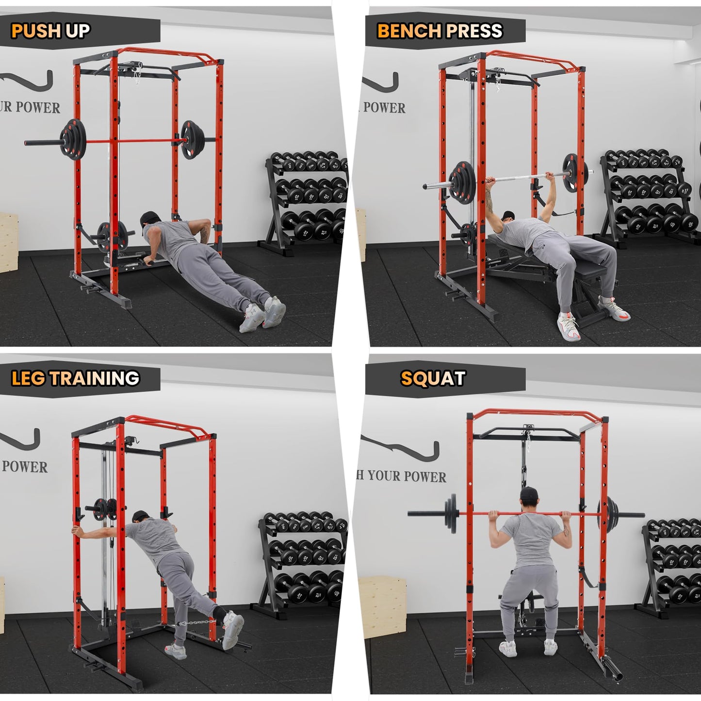 Power Cage with LAT Pulldown, Multi-Functional Power Rack with Cable Pulley System and J-Hooks, Squat Rack with Dip Bars and Landmine Attachment, Weight Cage for Home Gym Equipment (Black/Red)
