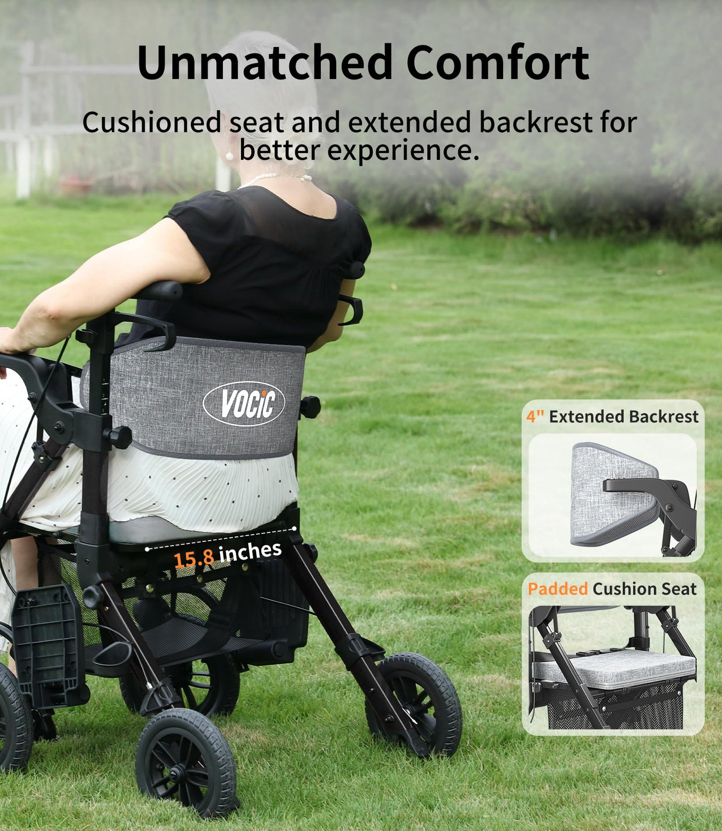VOCIC Rollator-Walkers-for-Seniors-with-Seat, Walker Wheelchair Combo, Transport-Wheelchair-Lightweight-Foldable, Adult Walkers All Terrain, 2 in 1 Rolling Walker Chair with Brakes & Pouch