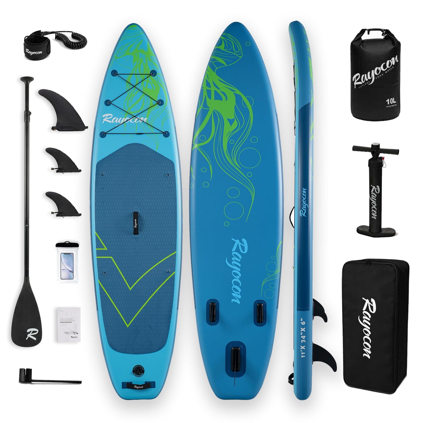 Inflatable Stand Up Paddle Board 11'×34" Extra Wide SUP, Ultra-Stable for Adults & Dog, 450lbs, Dual Chamber Pump, Fiberglass Paddle, Military Grade Dual Layer, Jellyfish Flow Design（Green）