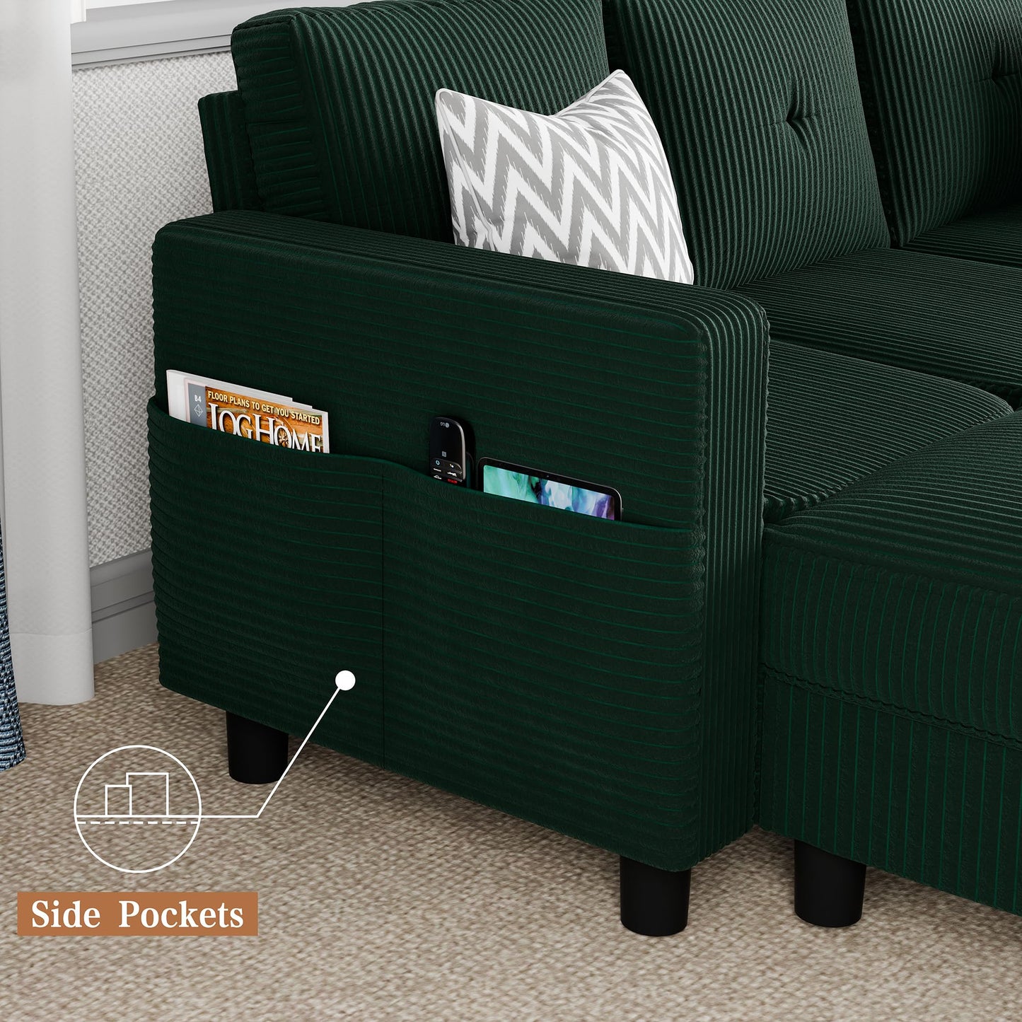 Shintenchi 76" Modern Upholstered Sectional Sofa, L-Shaped Couch with Storage Ottoman and Reversible Chaise for Living Room, Green Linen Fabric