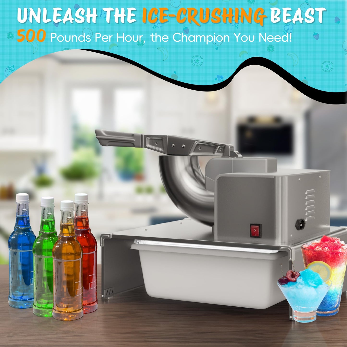 VALONDINO Snow Cone Machine Shaved Ice, 500LB/H Commercial Ice Crusher Shaved Ice Machine Fluffy, 300W Industrial Commercial Big Ice Shaving Machine for Snow Cones for Home Party