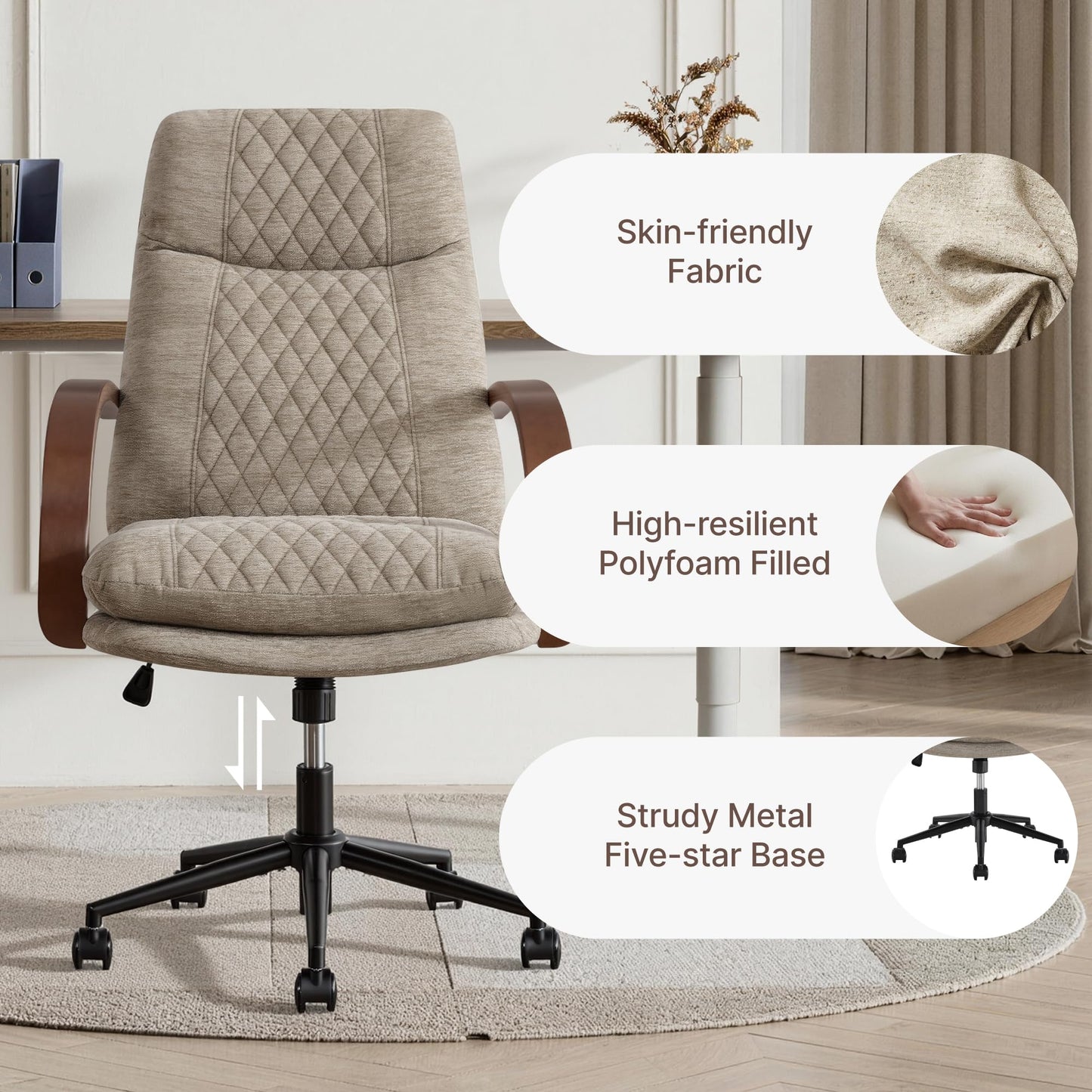 KISLOT Home Office Desk Chair, Ergonomic Office Chair with Lumbar Support, Adjustable Swivel Computer Chair with Wheels, Fabric Executive Task Chair with Wood Arms, Khaki