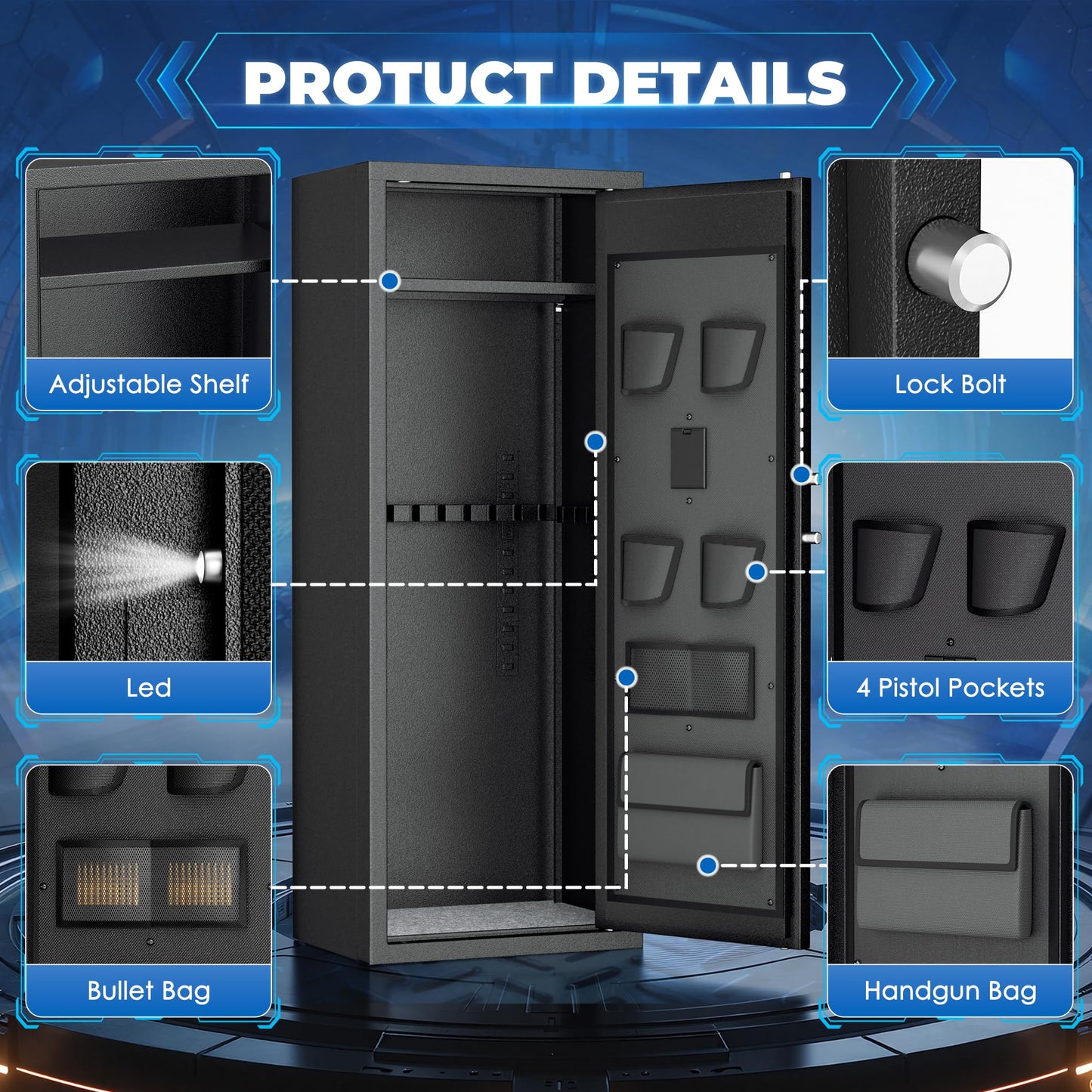 Brightpeak 10-14 Gun Safe, Large Gun Safe for Home Rifle and Pistol, Quick Release Fireproof Gun Cabinet, Locking Gun Safe with Removable Shelves and Pockets