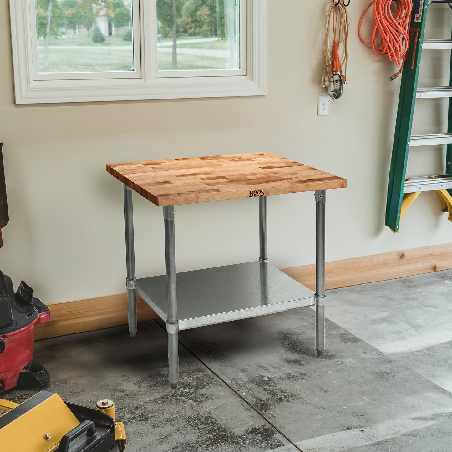 John Boos Maple Wood Top Work Table, 36”x24”x36” – 1.5” Thick Tabletop, 68-lb Kitchen Station with Wooden Edge-Grain Table & Steel Base, & Adjustable Shelf