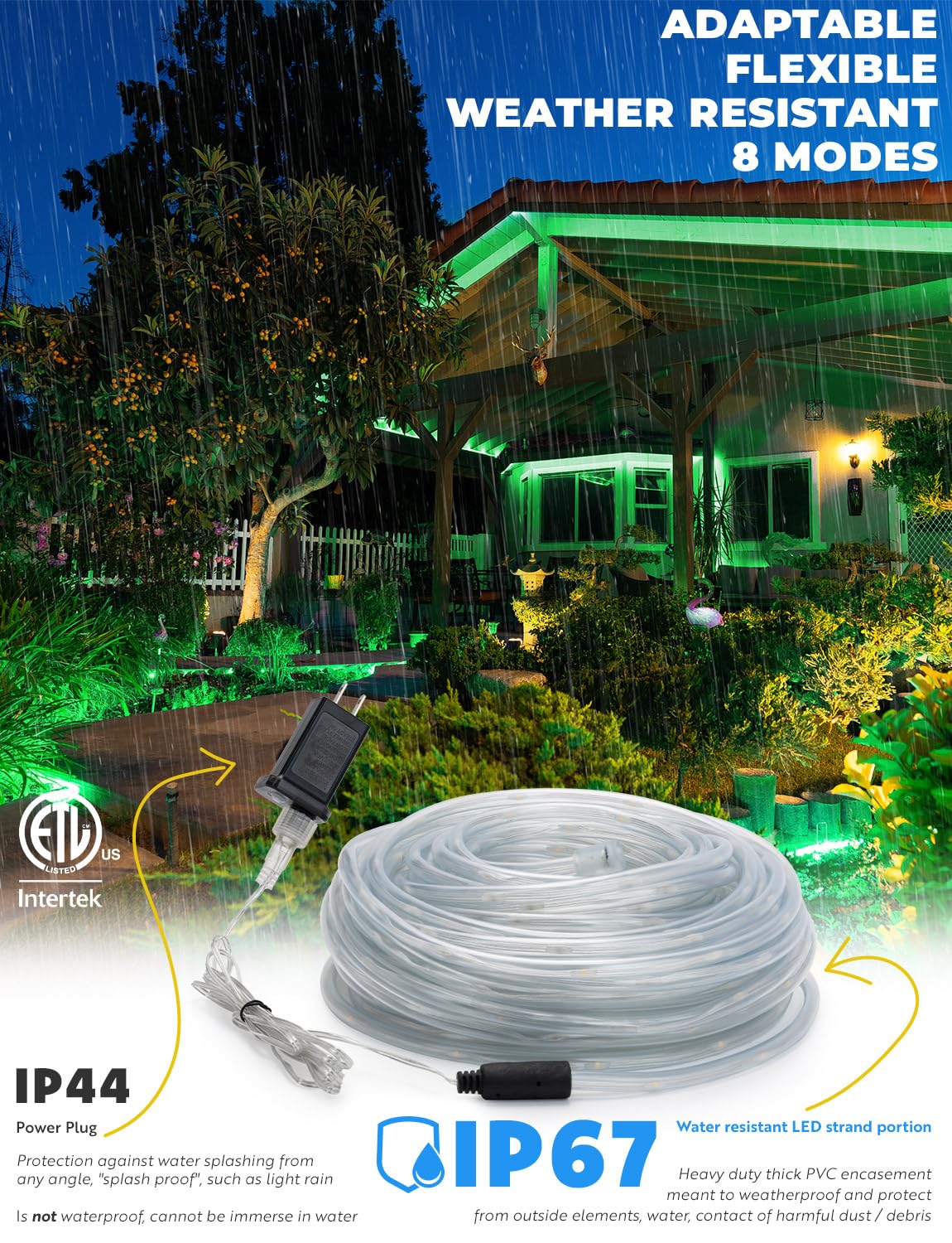 WYZworks LED Rope Light - 25ft Green, Waterproof, 8 Modes, Remote, Flexible PVC, Model LED-ROPE-3WT-GRN-25FT