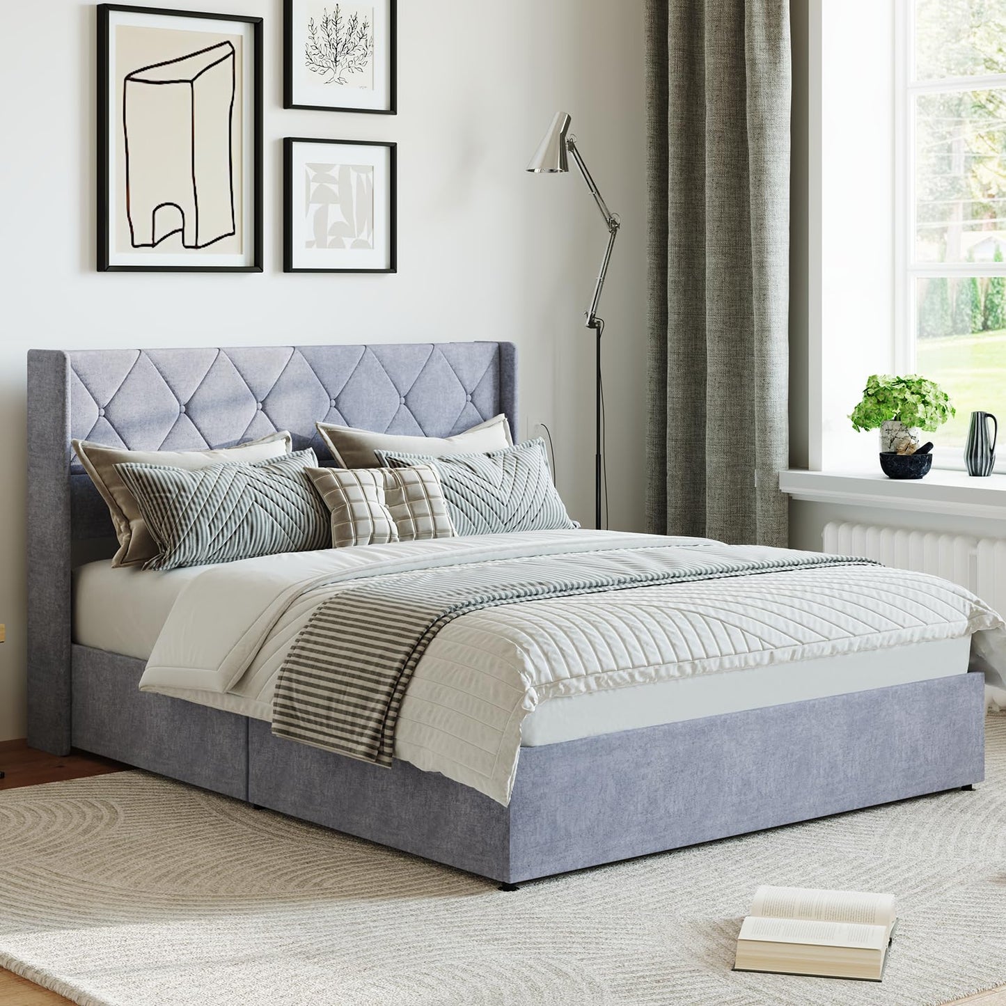 DUMOS Queen Size Lift Up Storage Bed with Modern Wingback Headboard, Hydraulic Support Fabric Upholstered Platform Bed, Wood Slats Support, Underbed Storage, No Box Spring Needed, Grey
