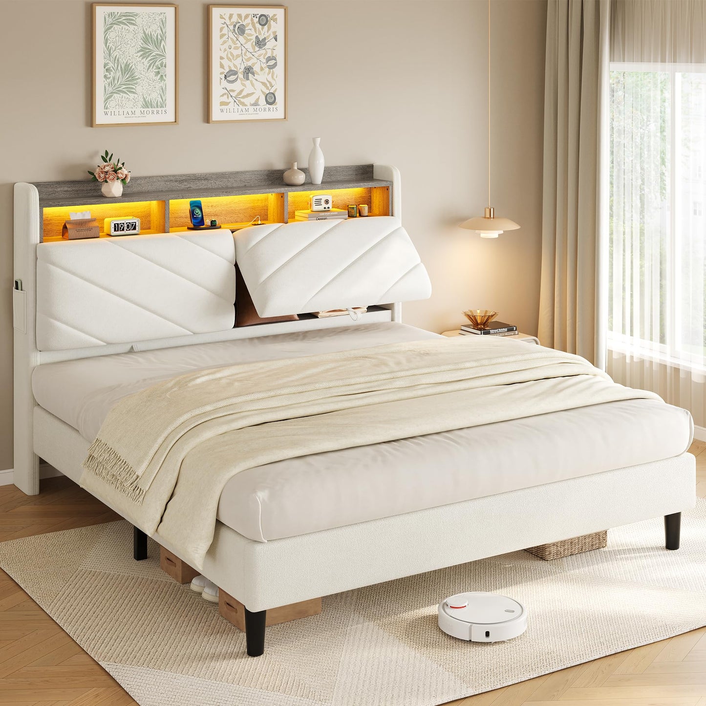 Jocoevol Queen Size Bed Frame with Ergonomic Headboard and Hidden Storage, Velvet Upholstered Platform Bed with LED Light, Wooden Bed Frame with Charging Station, No Box Spring Needed, White