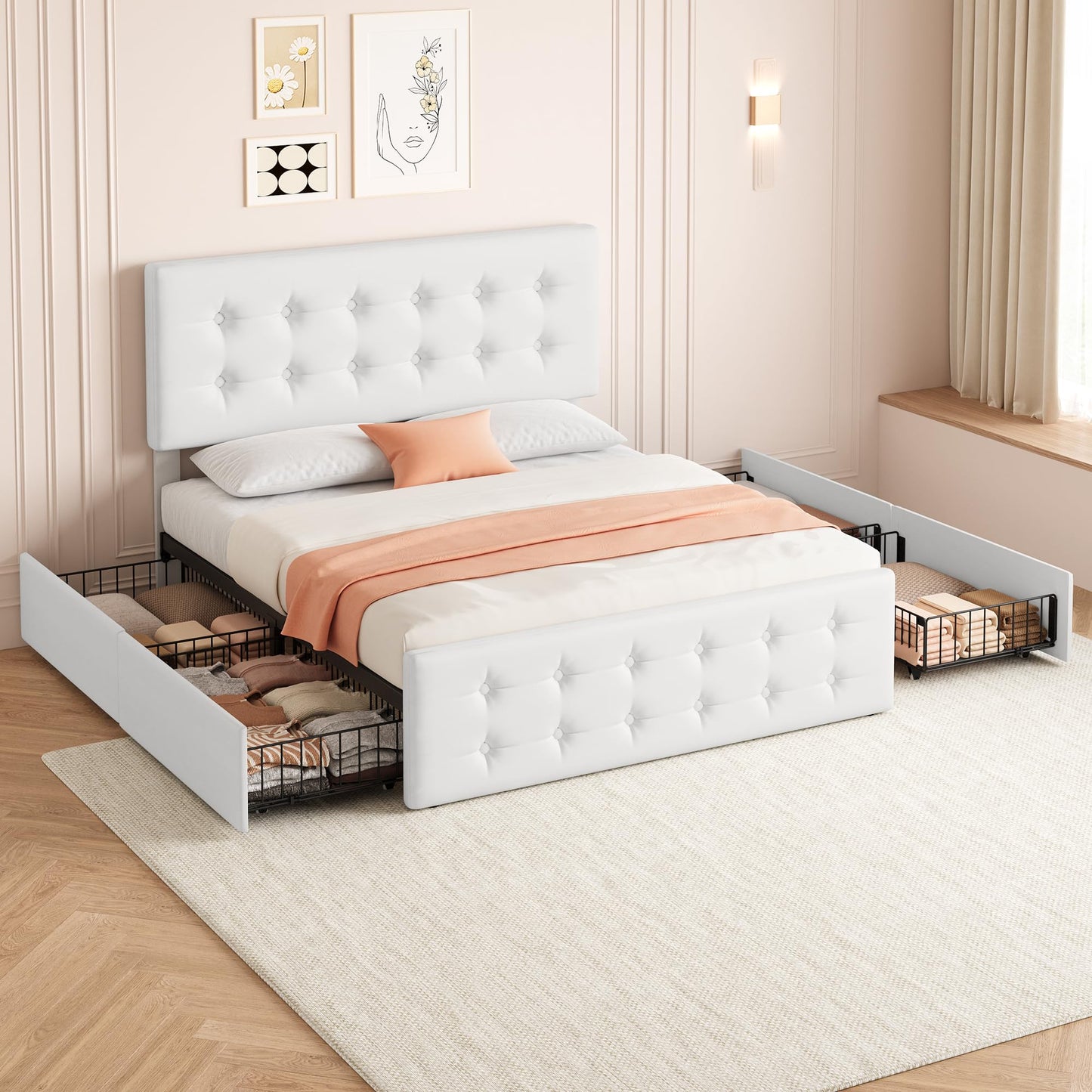GarveeHome Full Size Bed Frame with 4 Storage Drawers and Headboard, Faux Leather Upholstered Platform Bed Frame with Wooden Slats Support, Button Tufted Design, No Box Spring Needed, White