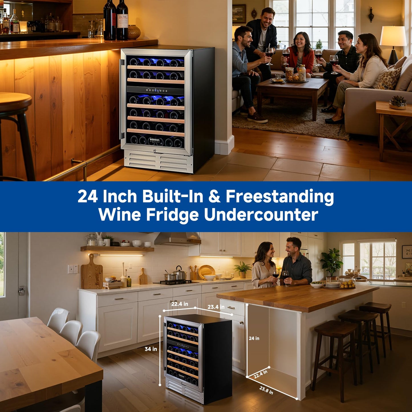 BODEGA COOLER 24 Inch Wine Cooler, 46 Bottle Wine Fridge Free standing, 41-72°F Wine Refrigerator Glass Door, Blue LED Wine Fridge, Built-in or Freestanding Fridge for Home/Bar/Kitchen (5.3 cu.ft)