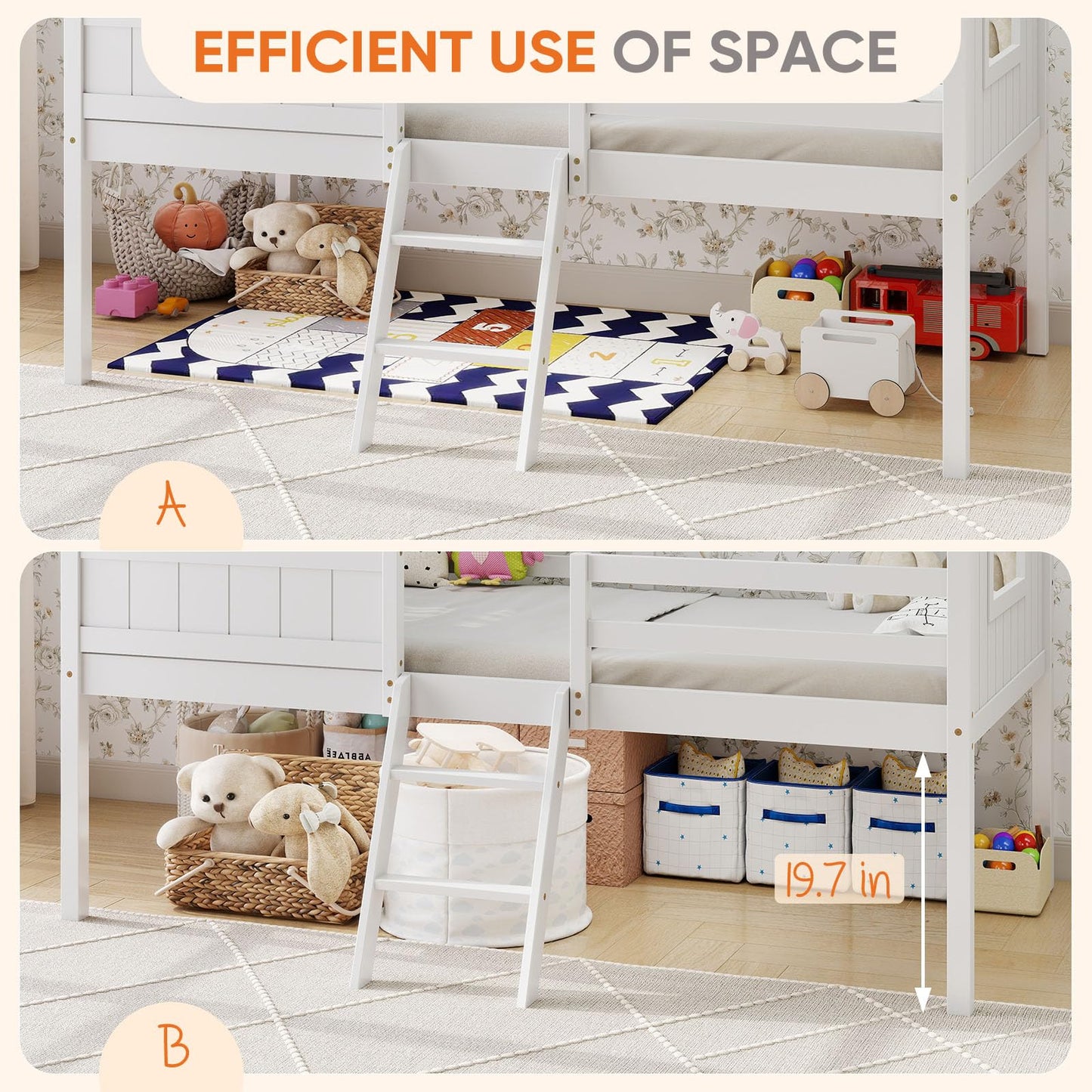 DUMOS Low Loft Beds Twin Size with Windows and Roof, Wooden House Bedframe with 2-Step Ladder and Safety Guardrail, Solid Wood Bed Frame with Under-Bed Storage for Kids Teens, Chocolate