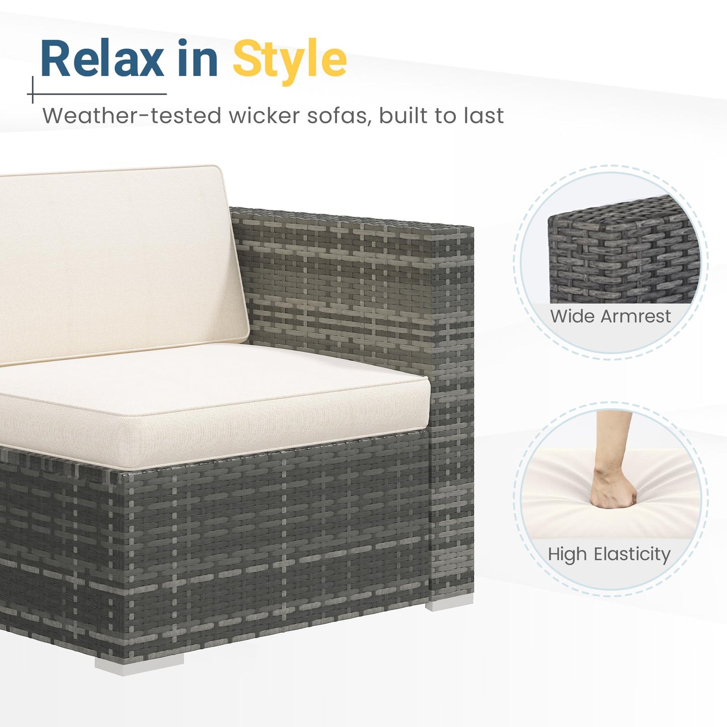 Wisteria Lane 5 Piece Outdoor Patio Furniture Set, All Weather Wicker Rattan Sectional Sofa Conversation Set with Cushions & Glass Coffee Table, Ideal for Backyard Porch Garden Balcony, Beige