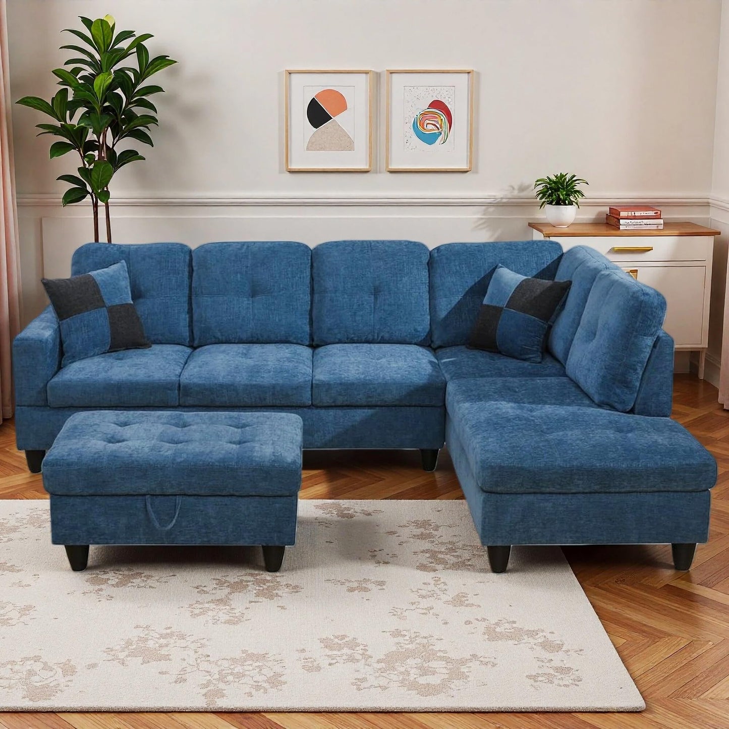 Trygoal 103.5" Sectional Couches for Living Room, Leather 4 Seat L Shaped Couch with Chaise, 3-Piece Modular Sofa with Storage Ottoman, Home Furniture Sets for Apartment Office, Blue