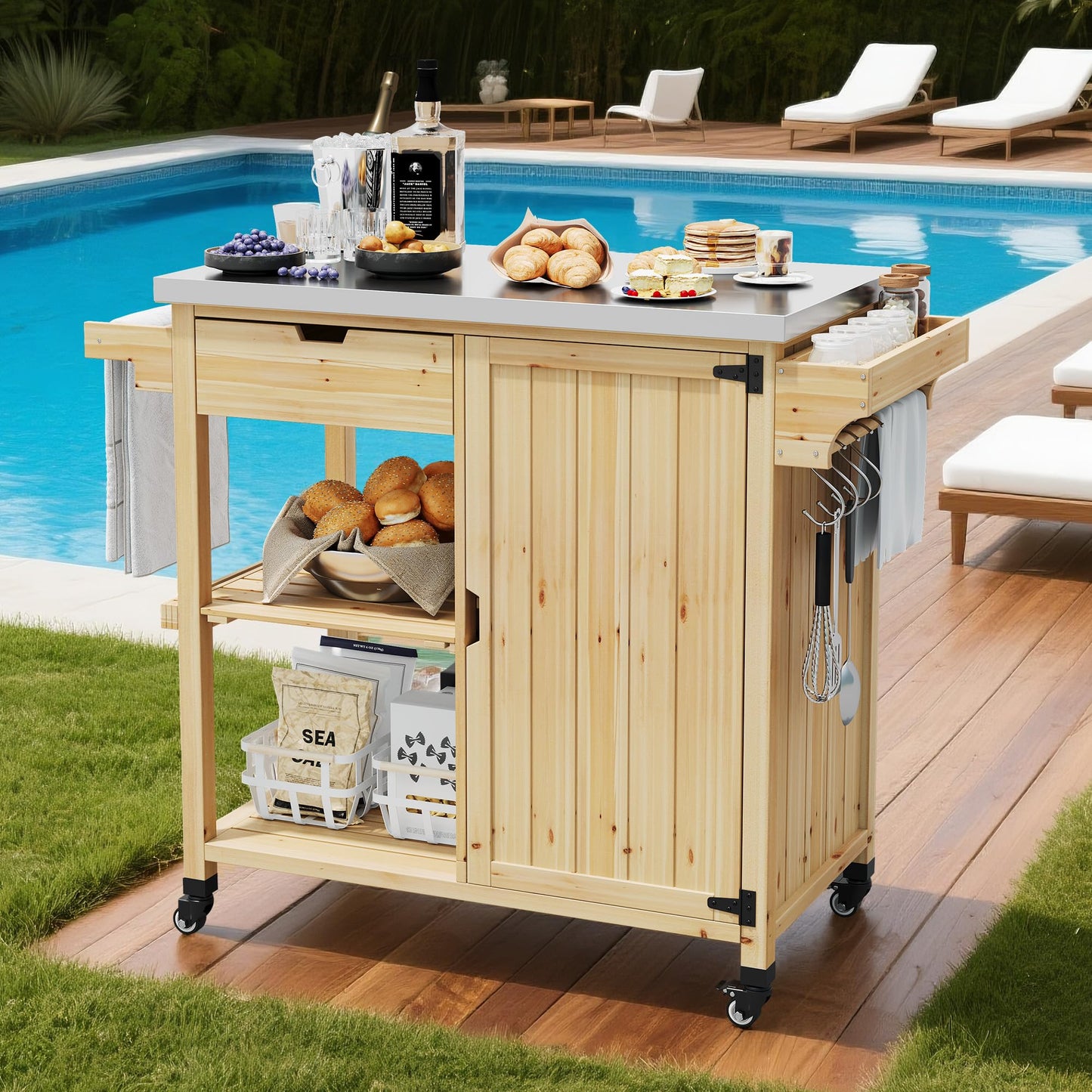 Outdoor Grill Cart with Wheels & Storage Cabinet – Movable Stainless Steel BBQ Prep Table, Portable Kitchen Island for Grilling, Backyard, Patio, Camping – Heavy Duty Dining Cart for Food Prep