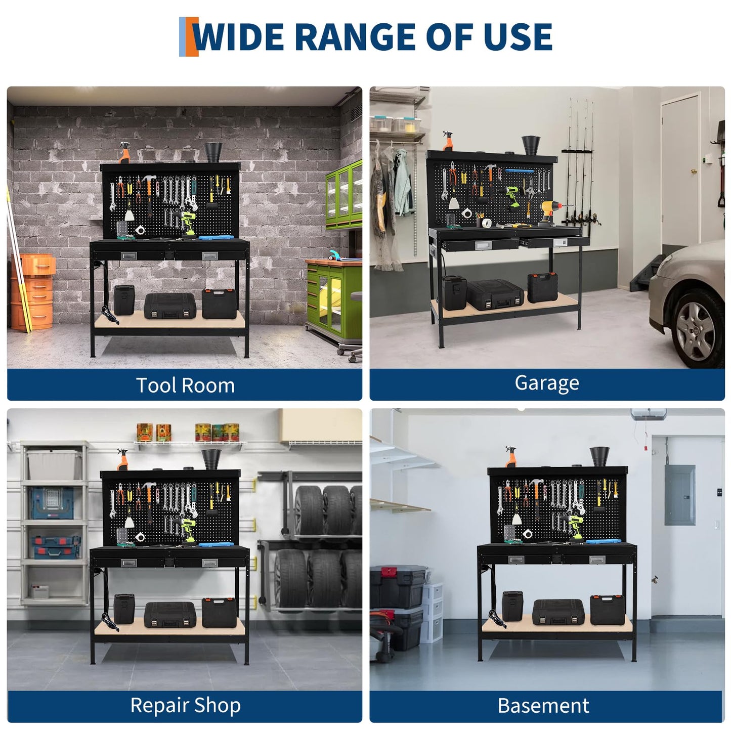 Heavy Duty 2-Tier Garage Workbench 48.99" x 22.99" with 2 Drawers, Pegboard, Power Outlet, Storage Shelf, Metal Tool Station, 332 lbs Capacity, Multifunctional Work Table for Workshop, Black