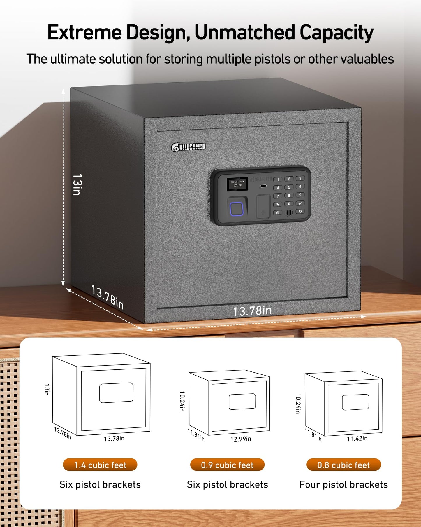 BILLCONCH Gun Safe with 6 Pistol Holders - Biometric, Key & App Unlock, Black Iron Safe with LCD Display & Voice Prompt, Removable Shelf & Foldable Gun Racks (1.4 Cubic Feet)