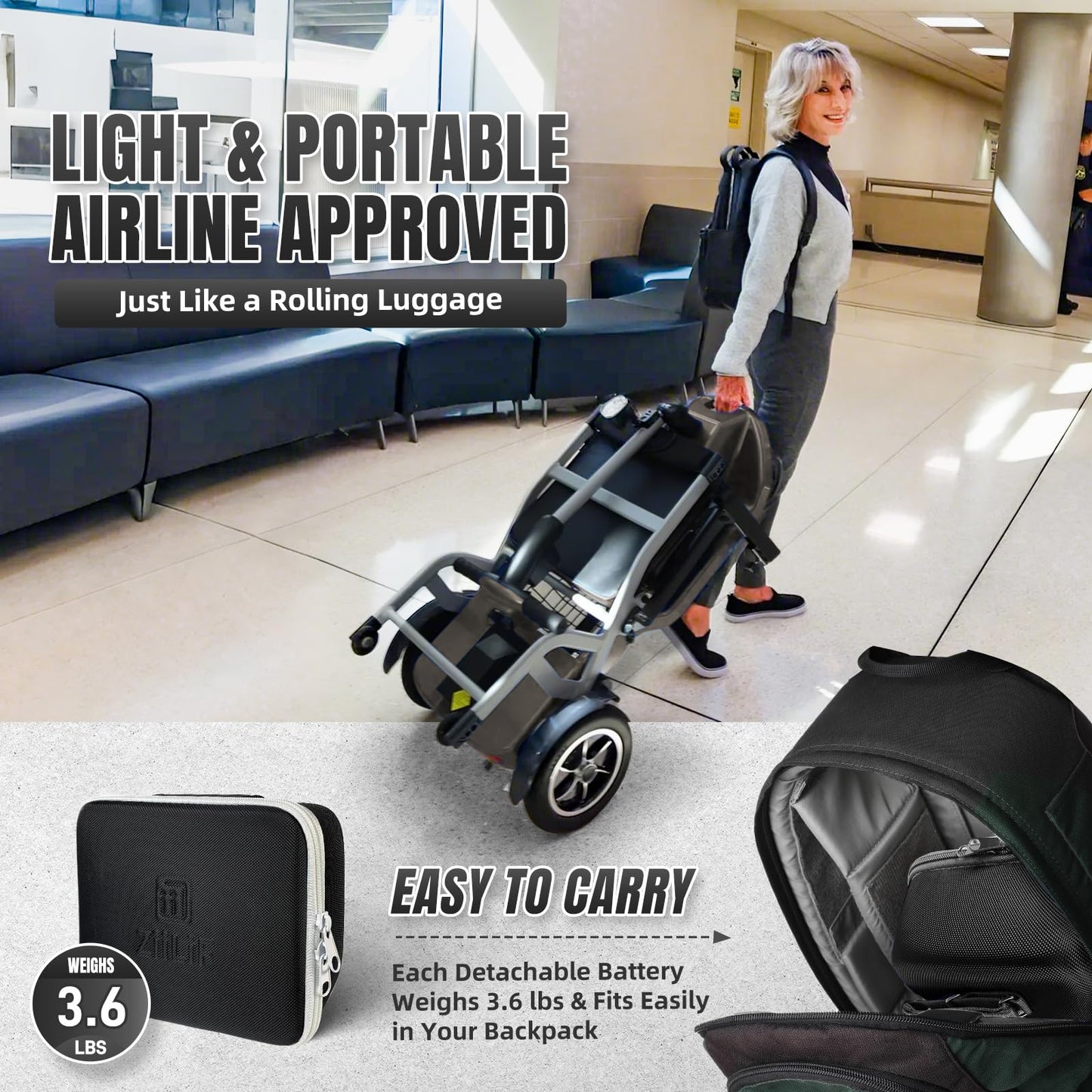ZiiLIF R3b-Mobility Scooters for Seniors Adults Ultra Lightweight 37.5 Ibs Electric Folding 4 Wheel Mobility Scooter with Cup Holder, Compact & Convenient for Travel Airline Approved, Gray