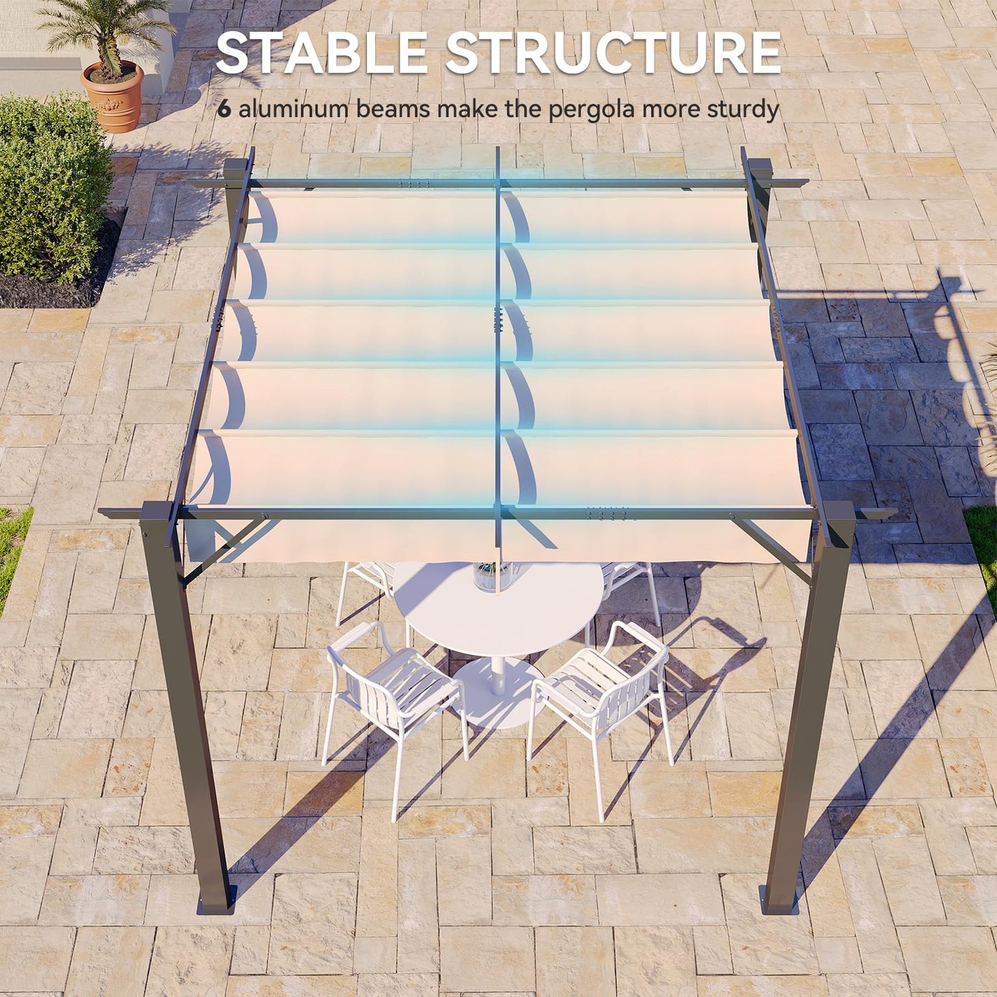 Aoxun 10'x10' Outdoor Pergola, Heavy Duty Metal Frame Patio Pergola with Adjustable Retractable Sun Shade Canopy, Modern Backyard Pergola for Garden, Deck, Patio, Lawn and Outdoor
