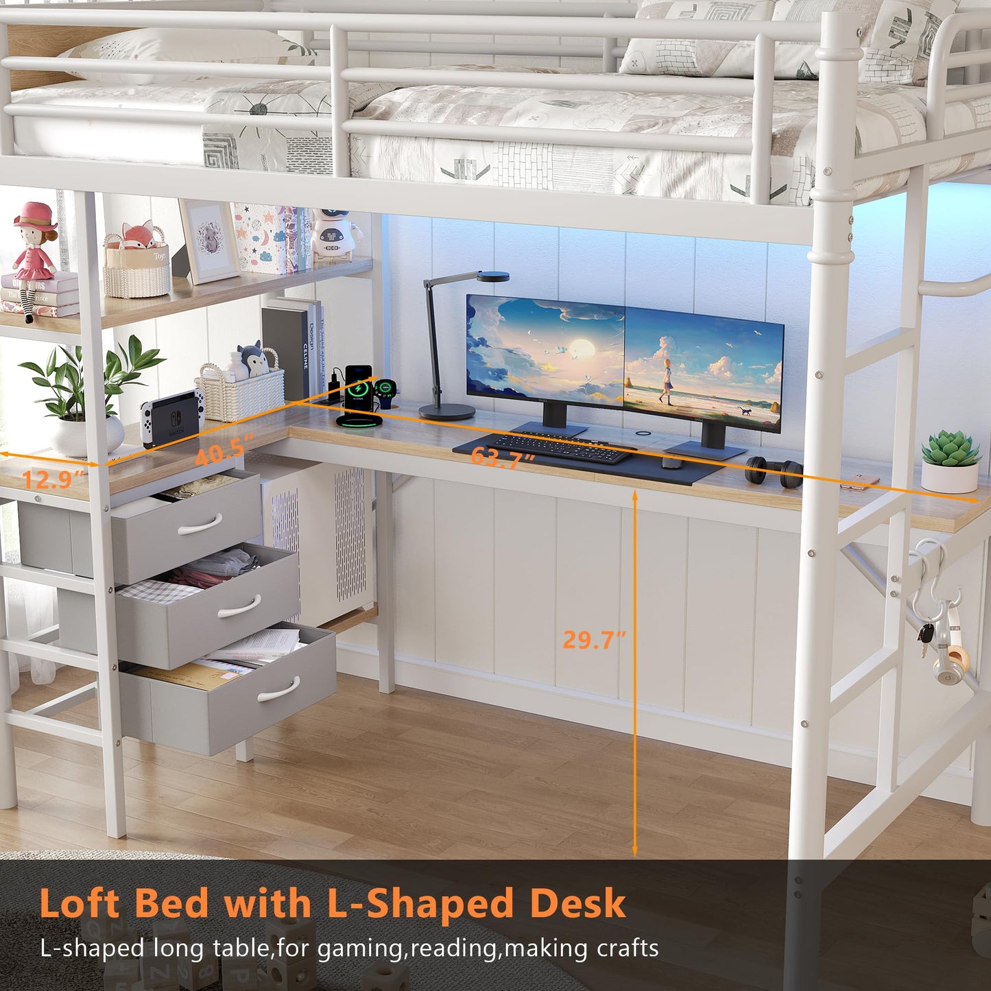 Jocoevol Twin Size Loft Bed with L-Shaped Desk, LED Lights,Charging Station, Industrial Heavy Duty Metal Loft Bed Frame with 3 Storage Shelves and 3 Fabric Drawers, Safety Guard & Ladder, White