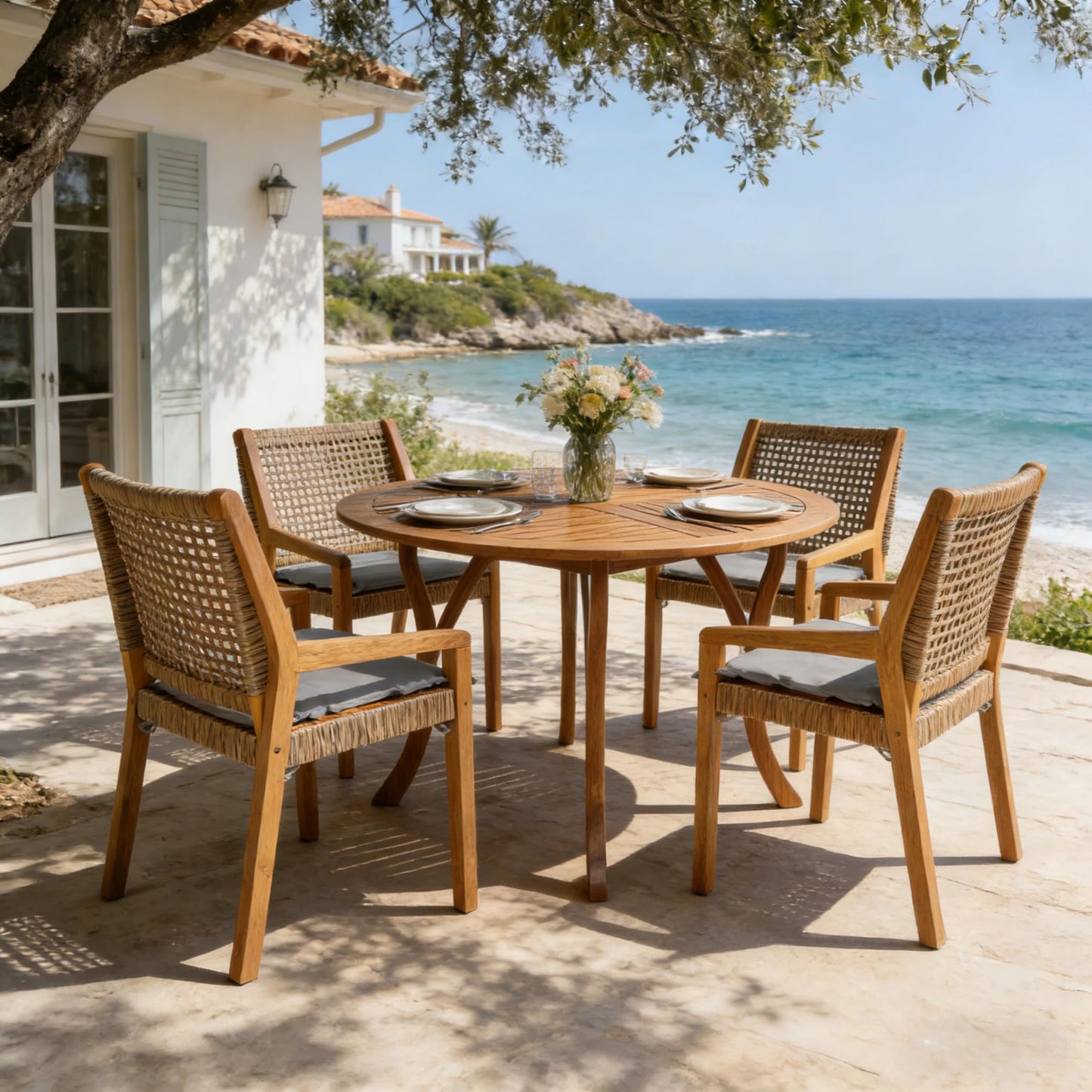 Christopher Knight Home Verle Wooden Patio Dining Set for 4, Acacia Wood Outdoor Dining Table Set for 4, 5 Piece Outdoor Dining Set with Round Table and Armchair with Seat Cushion, Teak+Grey