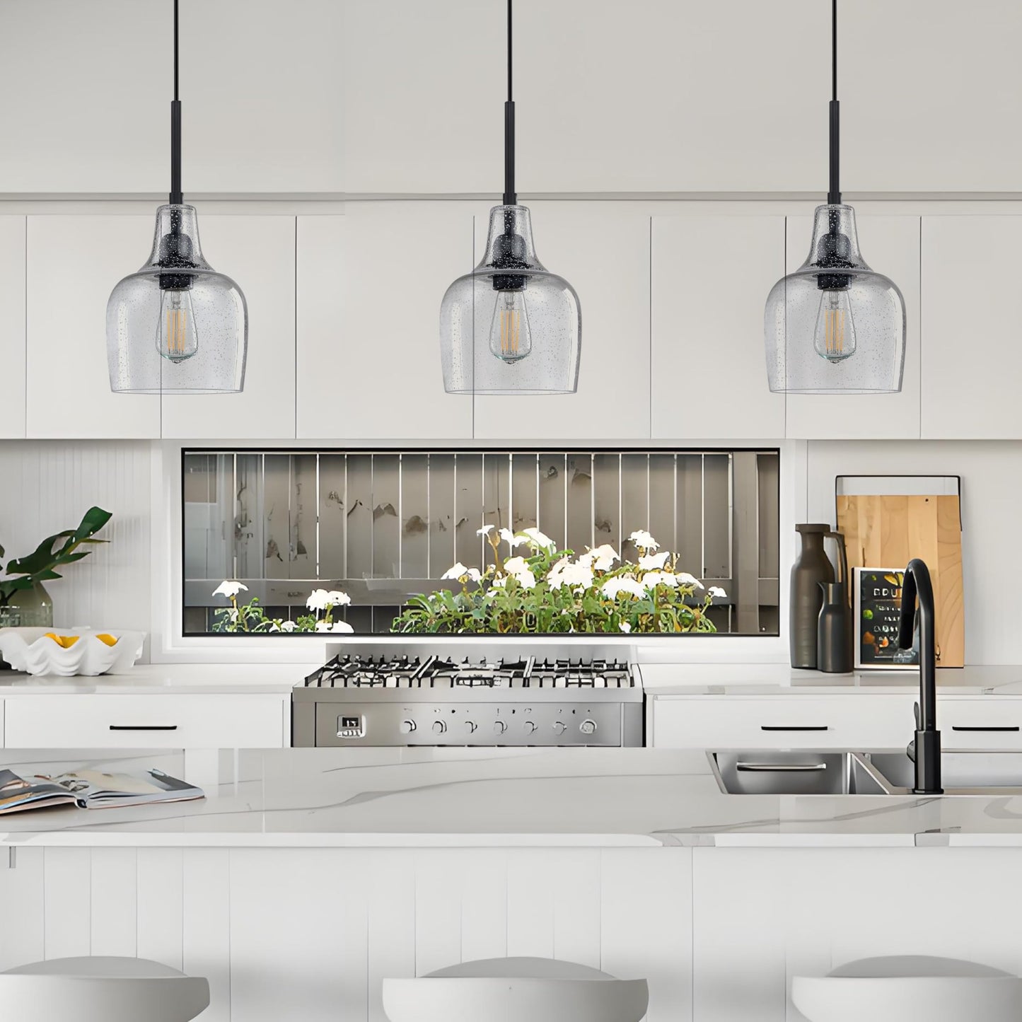 Dolaimy House 1 Light Indoor Pendant Light, 6.1in Clear Seeded Glass, Oil Rubbed Bronze, 3 Pack, Model X216CD102