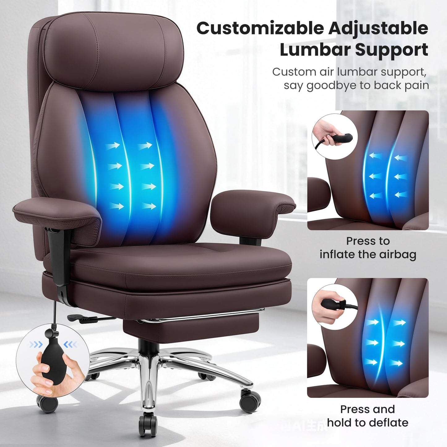 BestGlory Office Desk Chair with Inflatable Lumbar Support, Ergonomic Office Chair [Upgraded Double-Layer Cushion & Footrest], 400 LBS Big and Tall Computer Desk Chair for Home Office Gaming, Coffee