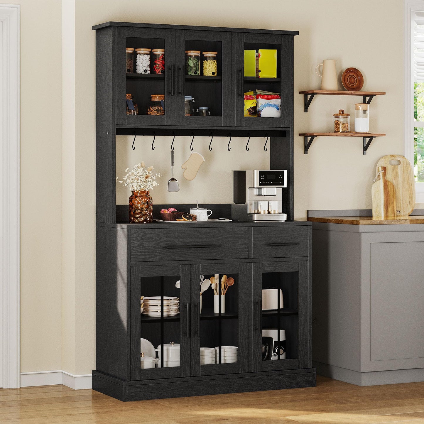 YITAHOME 71'' Kitchen Pantry Storage Cabinet with Microwave Stand, Tall Freestanding Hutch Cabinet with Power Outlet, Pantry Cabinets with Buffet Cupboard, Drawers and Acrylic Doors for Home, Black