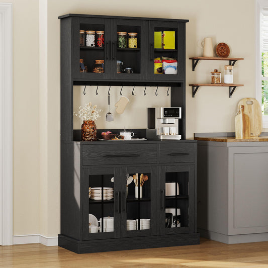 YITAHOME 71'' Kitchen Pantry Storage Cabinet with Microwave Stand, Tall Freestanding Hutch Cabinet with Power Outlet, Pantry Cabinets with Buffet Cupboard, Drawers and Acrylic Doors for Home, Black