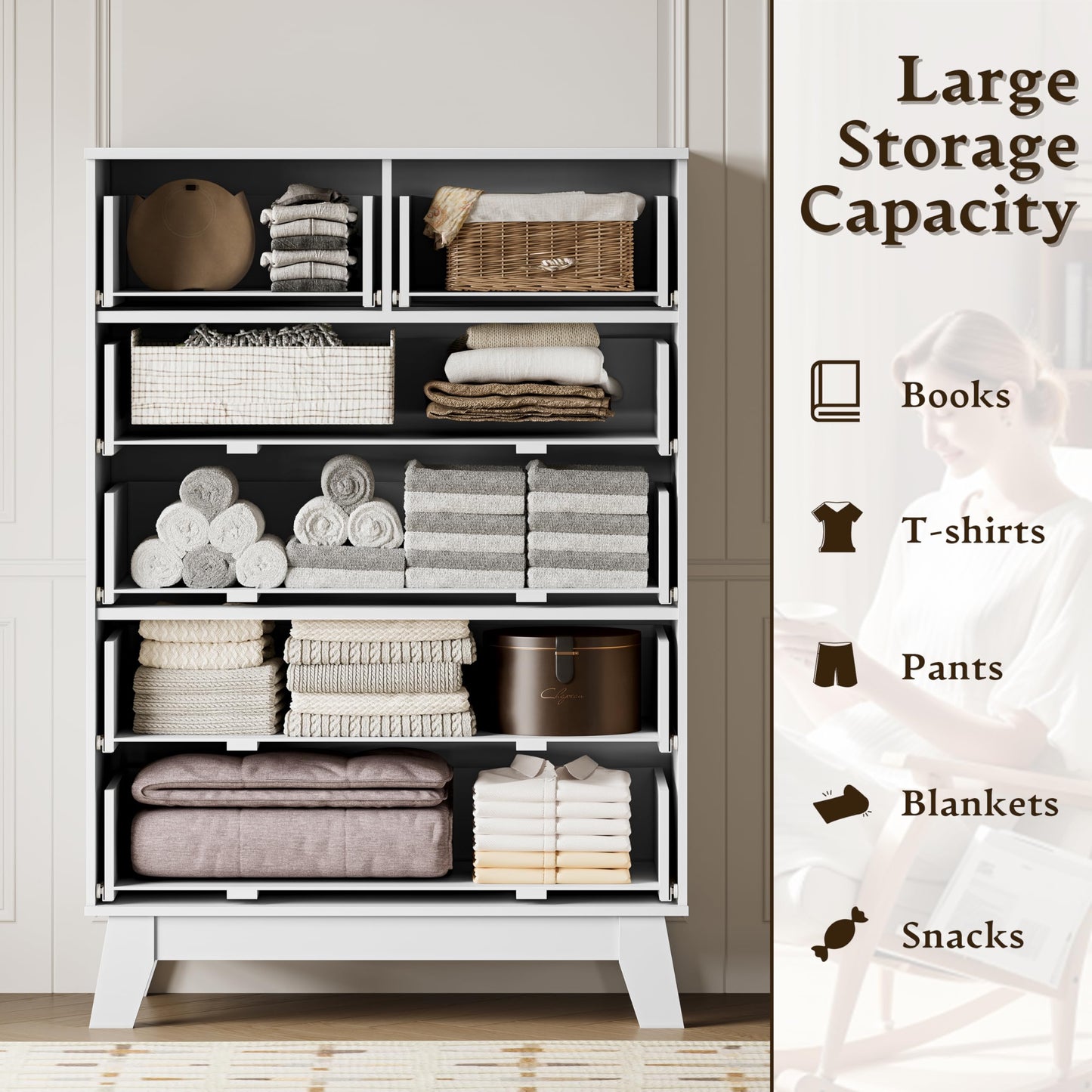 BORNOON 46" Tall Dresser for Bedroom, 6-Drawer Fluted Chest of Drawers, Modern Wood Highboy with Deep Storage, Metal Slides and Handles, Anti-Tip Kit, Vertical Clothes Organizer for Apartment, Nursery