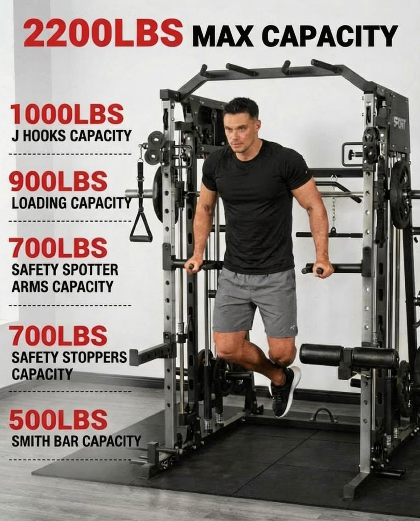 Smith Machine Home Gym, 2200LB Power Cage with Dual Pulley Cable Systems, LAT Pull-Down, Leg Hold-Down & 20+ Attachments for Full Body Workouts, Red