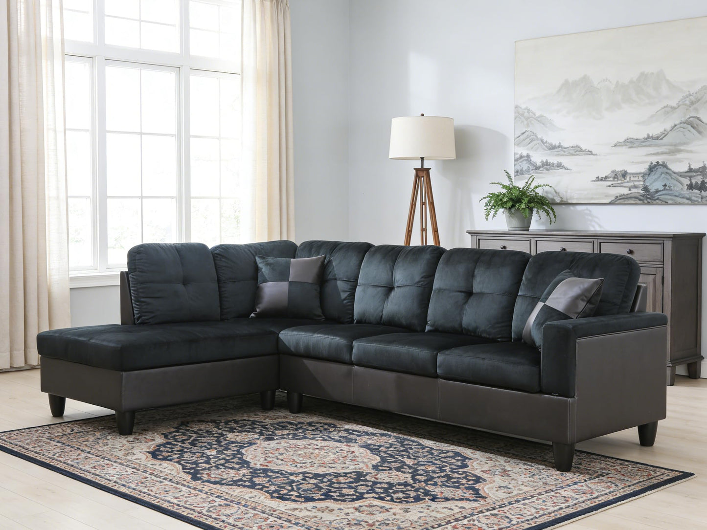 Trygoal 103.5 Inch Modern L-Shaped Couch, Flannel Sectional Sofa with Chaise Lounge, 4-Seater Couch with Accent Pillows for Living Room, Apartment, Dark Blue & Brown
